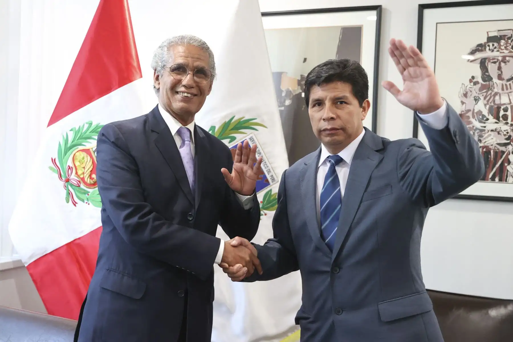 El jefe de Estado, Pedro Castillo, sostuvo una reunión con el ministro de Relaciones Exteriores de la República Árabe Saharaui Democrática, Mohamed Salem Uld Salek, como parte de la agenda que cumple durante su viaje a Estados Unidos. Foto: ANDINA/Prensa Presidencia/Vidal Tarqui Palomino