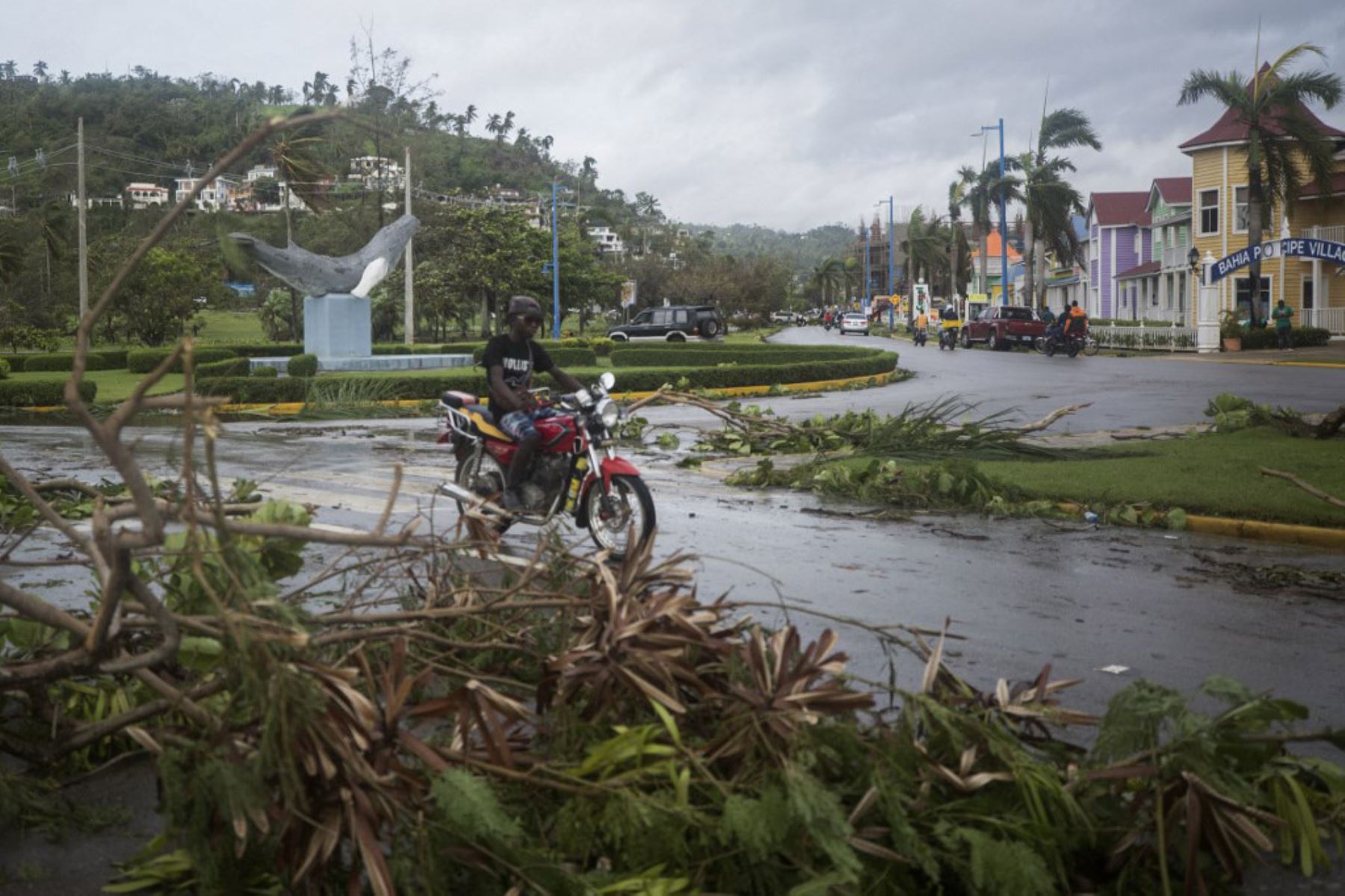 Un hombre monta su moto en una calle llena de ramas y árboles caídos, tras el paso del huracán Fiona, en Samaná, República Dominicana. Foto: AFP