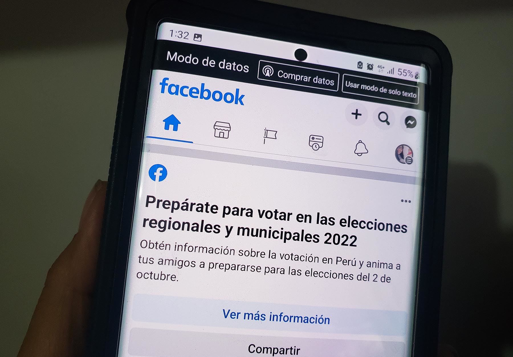 Facebook comenzó a mostrar un mensaje invitando a los peruanos a visitar el sitio web de la ONPE para informarse sobre el próximo proceso electoral. Foto: ANDINA