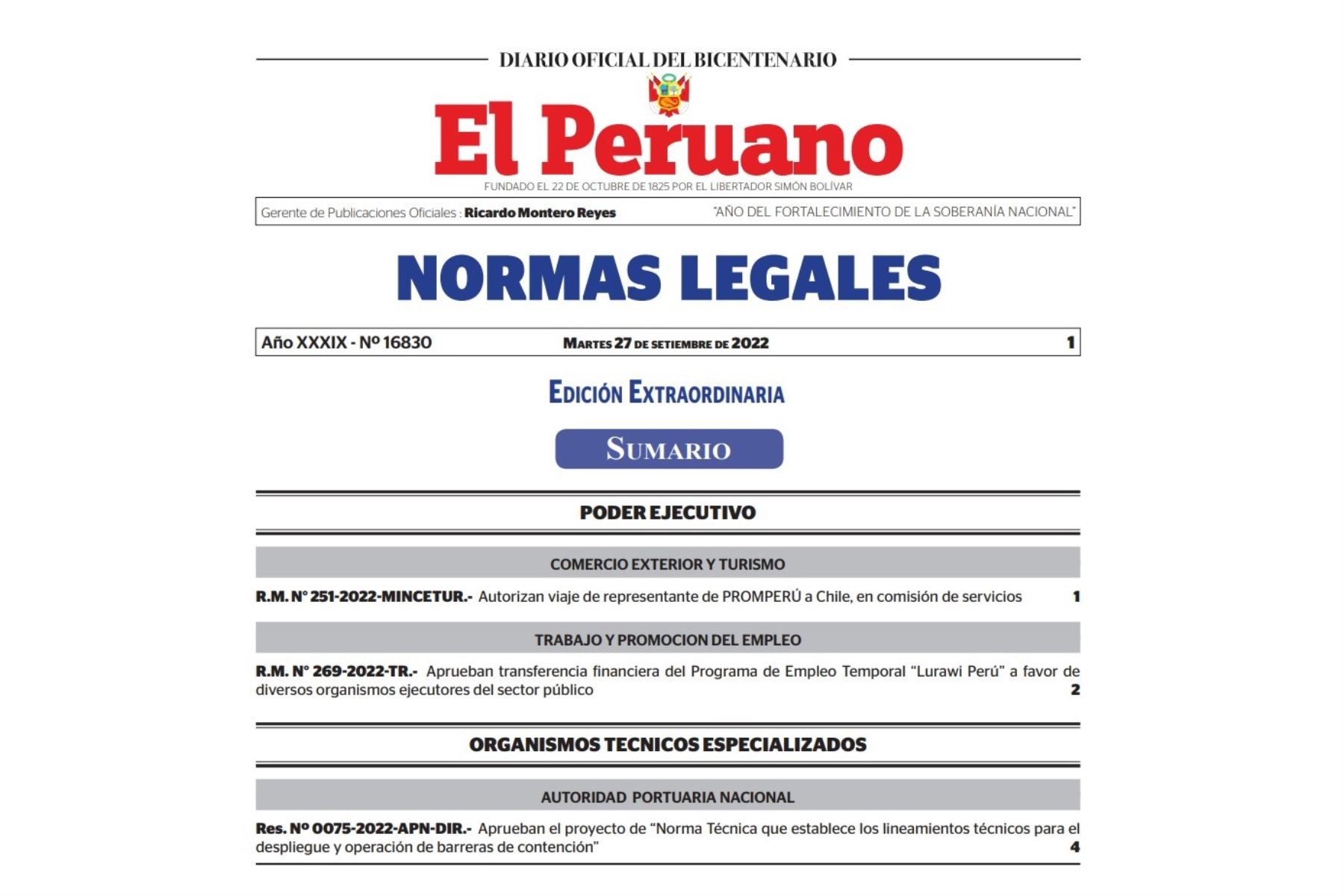 Normas extraordinarias del Diario Oficial El Peruano.