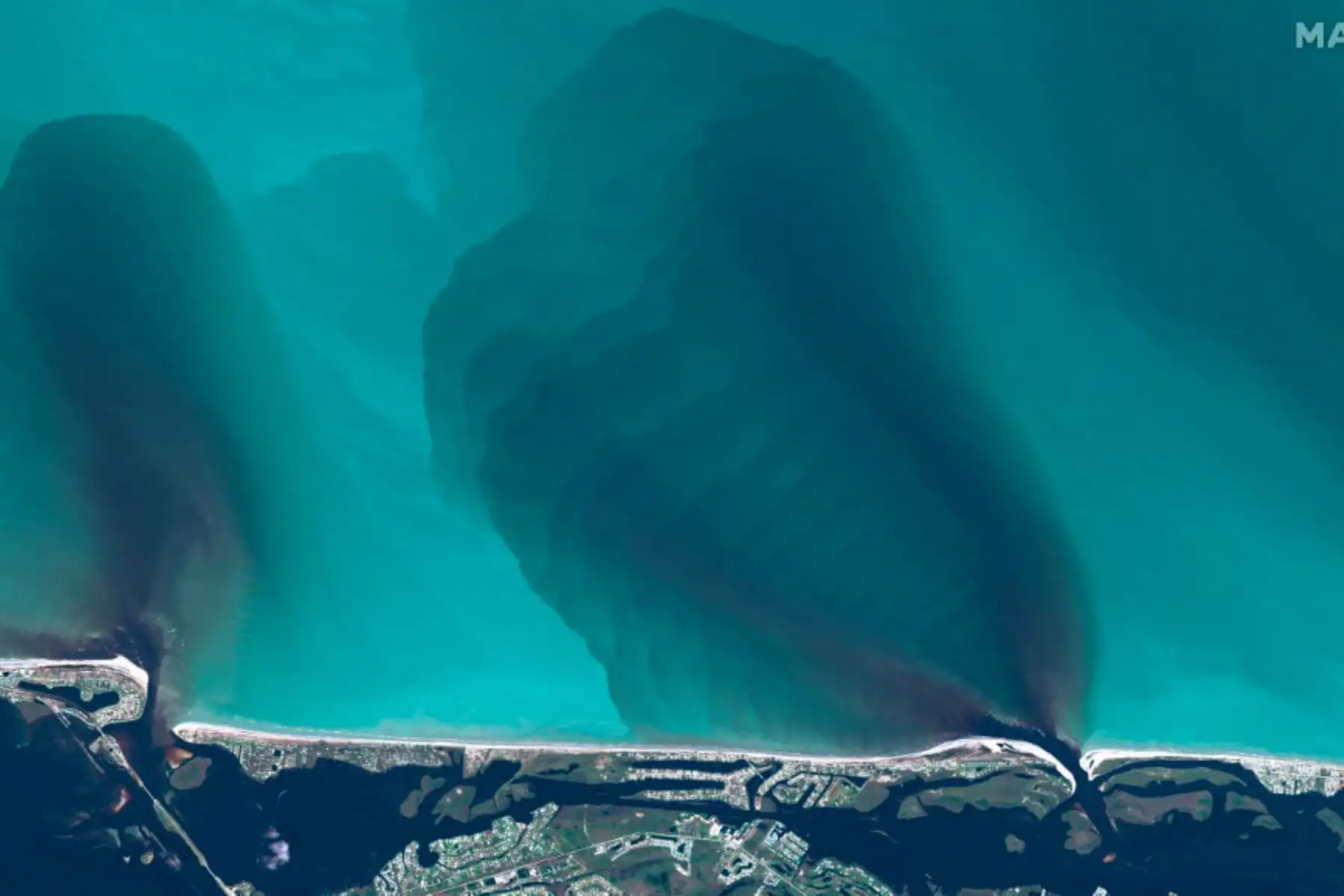 Esta imagen satelital muestra la descarga de sedimentos al mar en la isla Don Pedro, Florida. Foto: AFP