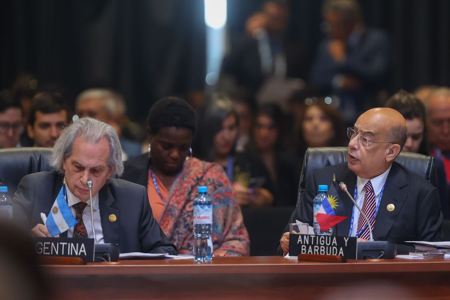 Con la participación de las delegaciones integrantes de la OEA se dio inicio a la primera sesión plenaria en donde el canciller, César Landa, fue elegido para presidir la reunión en representación del Perú.

Foto: ANDINA/Andrés Valle