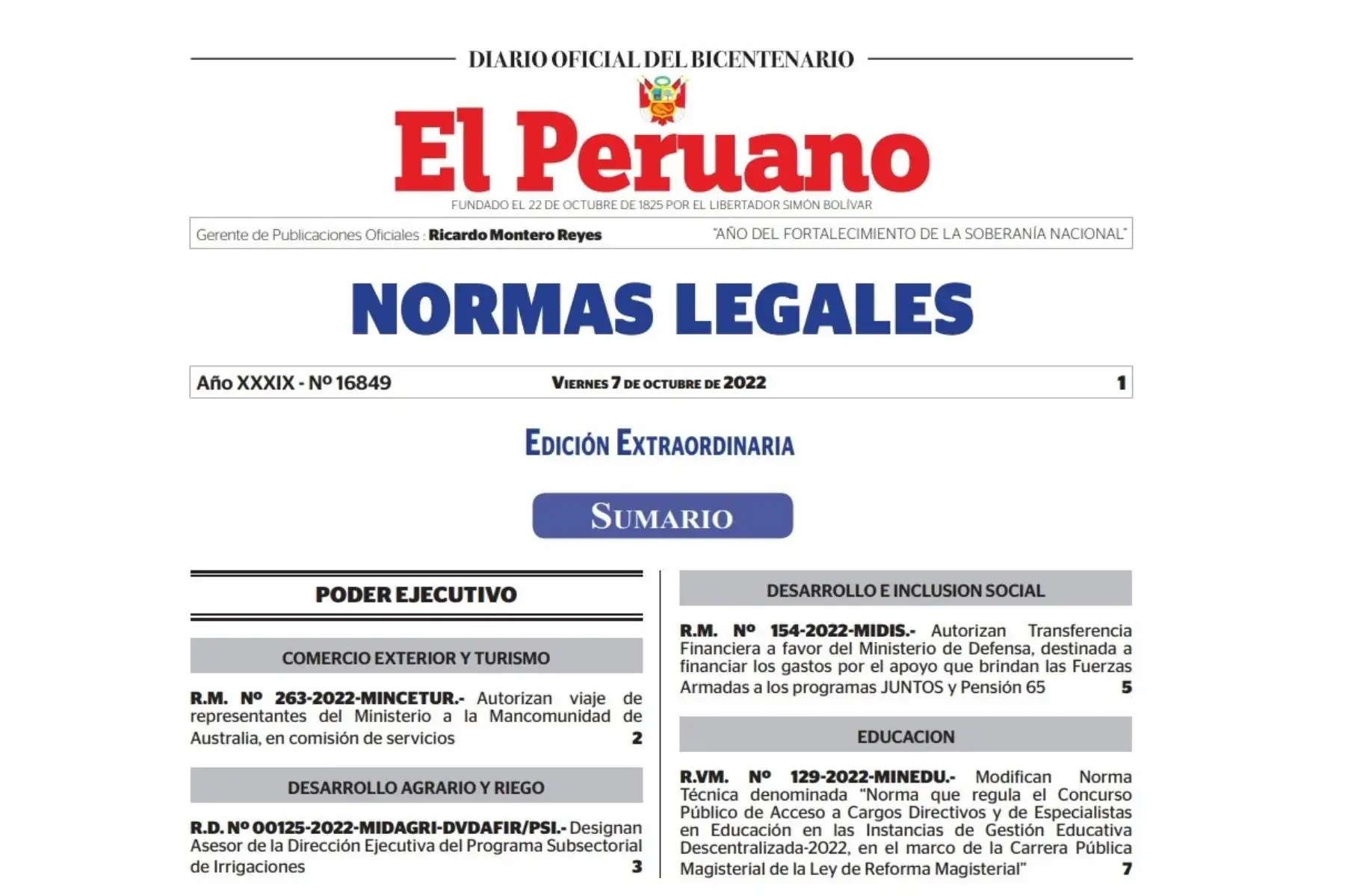 Edición extraordinaria del Diario Oficial El Peruano.