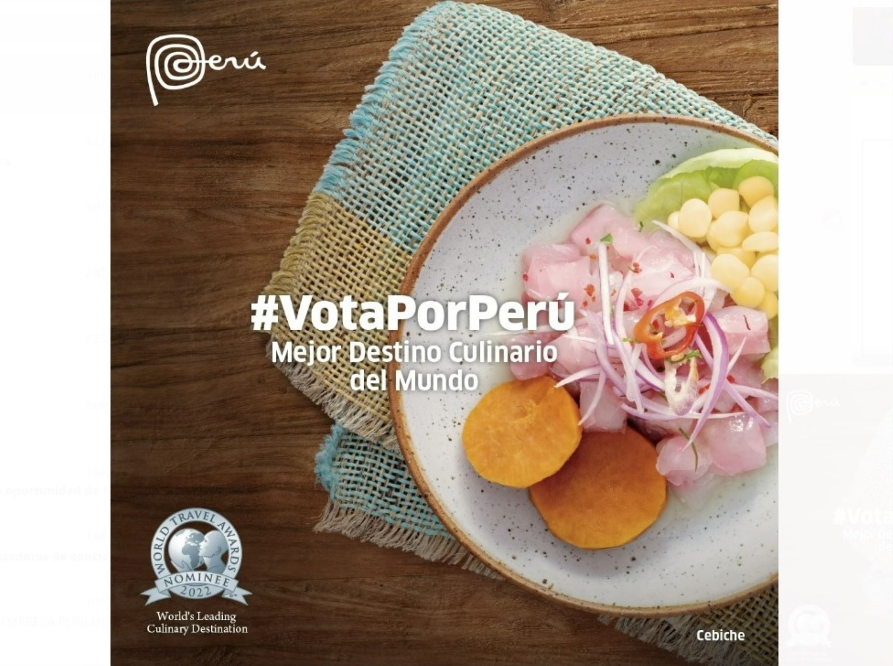 Vota aquí por Perú como mejor destino culinario del mundo en los Óscar del Turismo 2022.