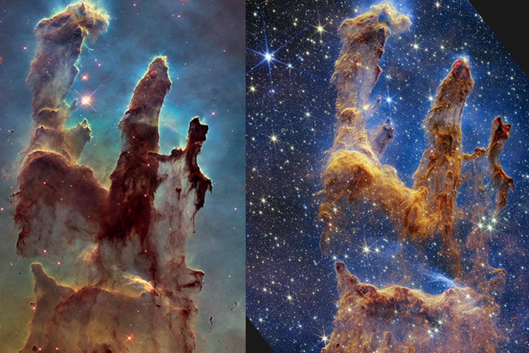 El Telescopio Espacial Hubble de la NASA hizo famosos los Pilares de la Creación (izquierda), pero hoy tenemos nueva vista de luz infrarroja cercana del Telescopio Espacial James Webb de la NASA (derecha), que nos ayuda a observar más detalles a través del polvo en esta región de formación estelar. 
 Foto: NASA, ESA, CSA, STScI; Joseph DePasquale (STScI), Anton M. Koekemoer (STScI), Alyssa Pagan (STScI).