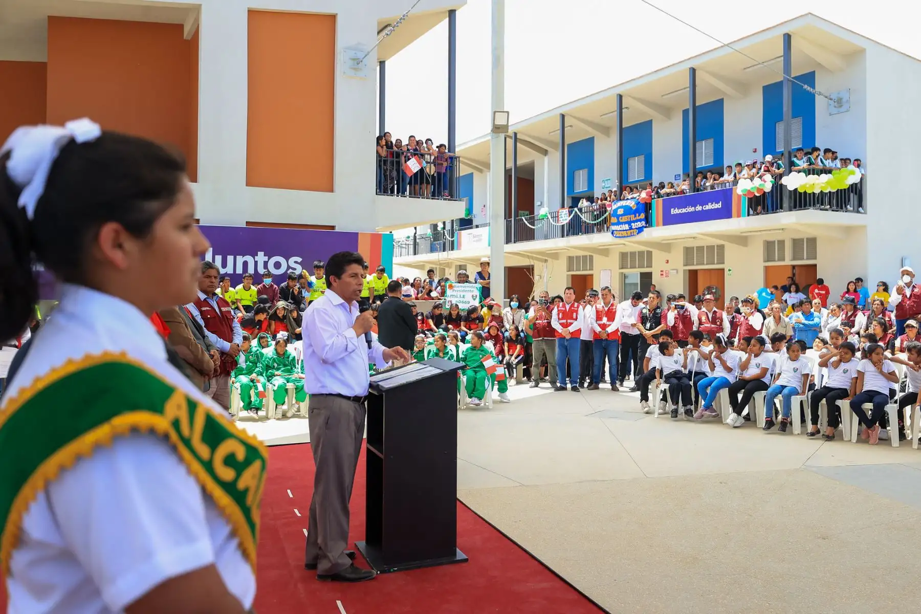 El presidente de la República, Pedro Castillo Terrones, en la región La Libertad, inauguró la Institución Educativa N° 80669 Portada de la Sierra de nivel primaria y secundaria que beneficiará a 281 alumnos. Foto: ANDINA/Prensa Presidencia