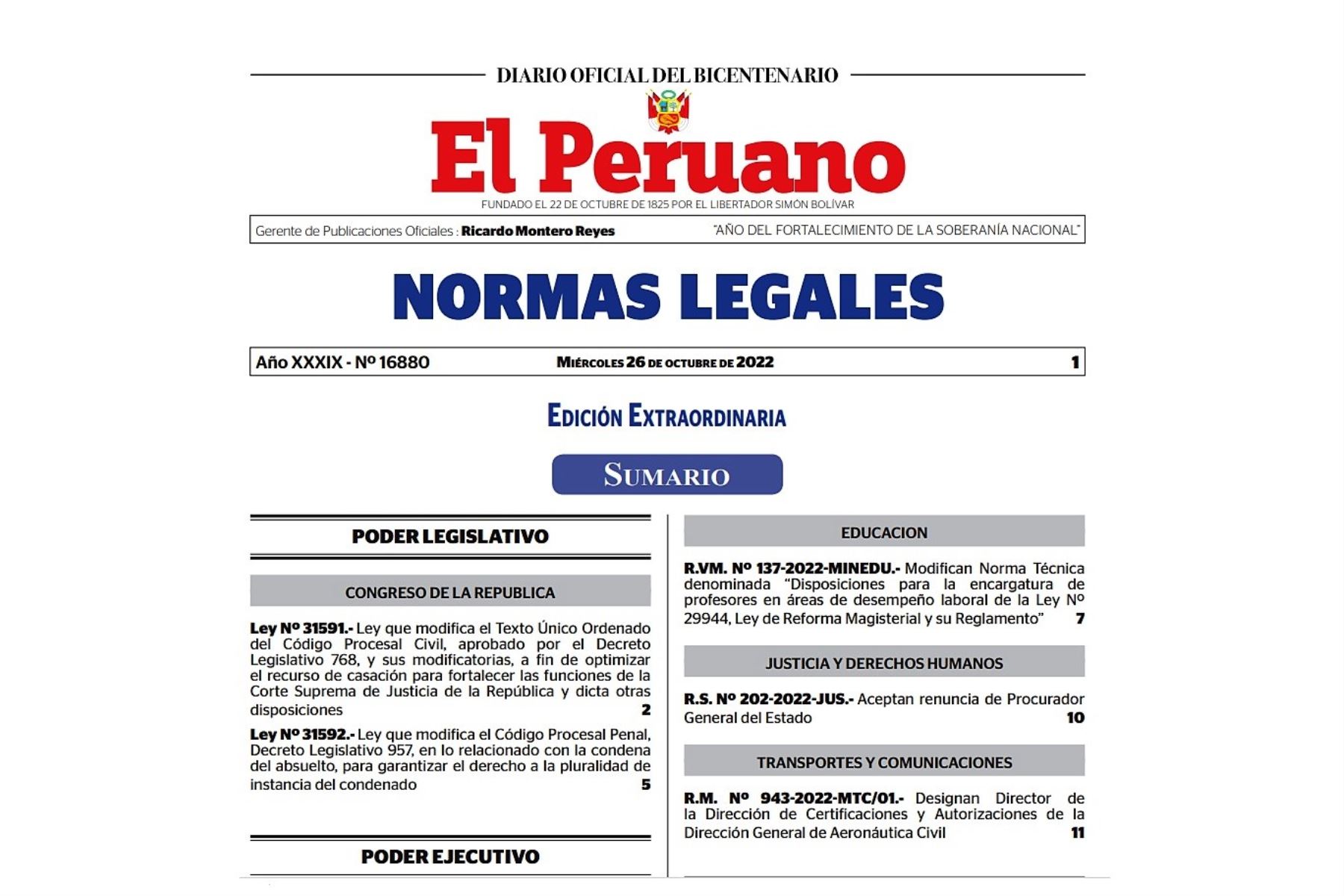 Normas legales extraordinarias en el Diario Oficial El Peruano.