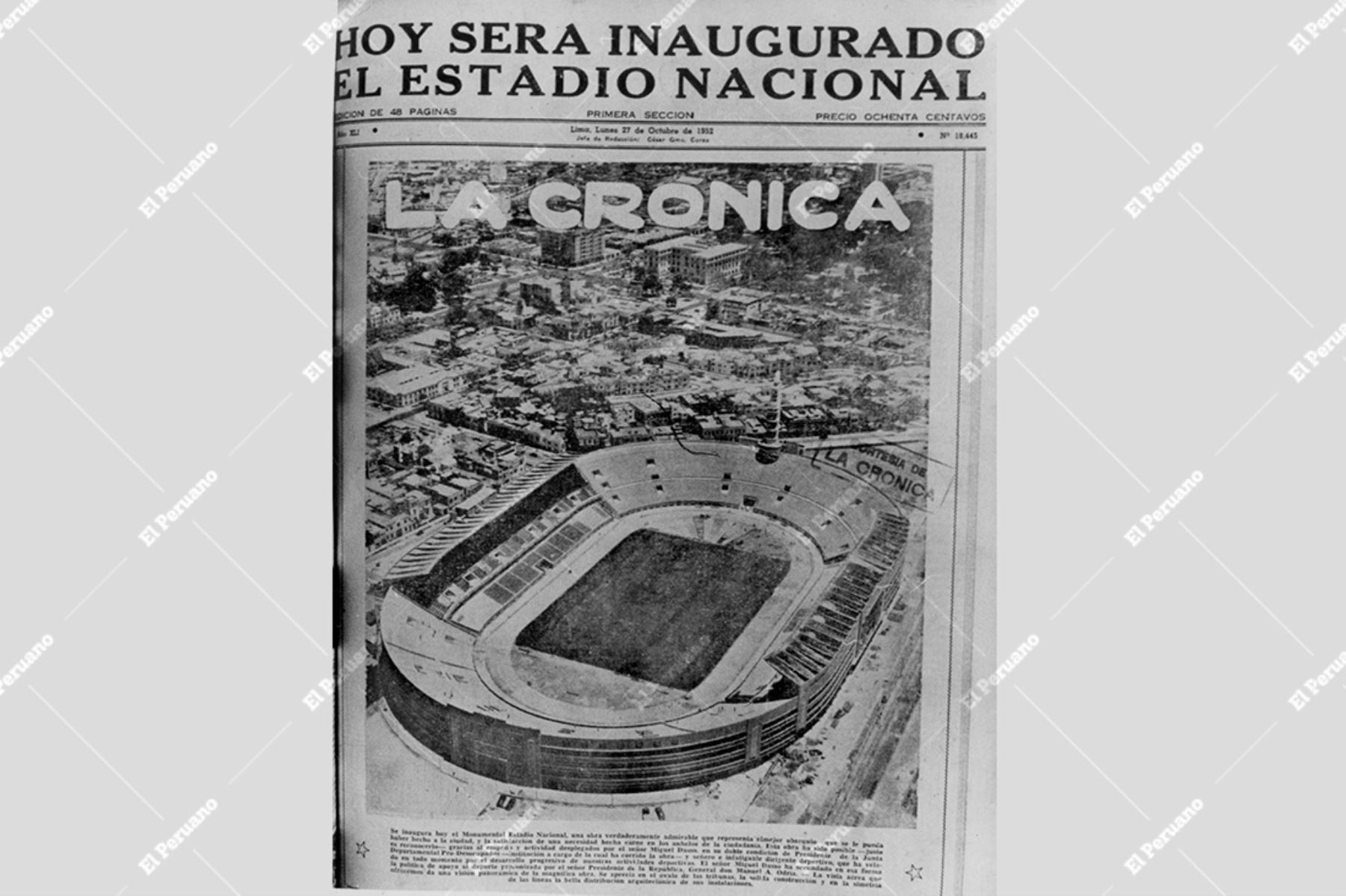 Portada del diario La Crónica del 27 de octubre de 1952, día de la inauguración del Estadio Nacional, el primer escenario deportivo del Perú. Foto: Archivo Histórico de El Peruano