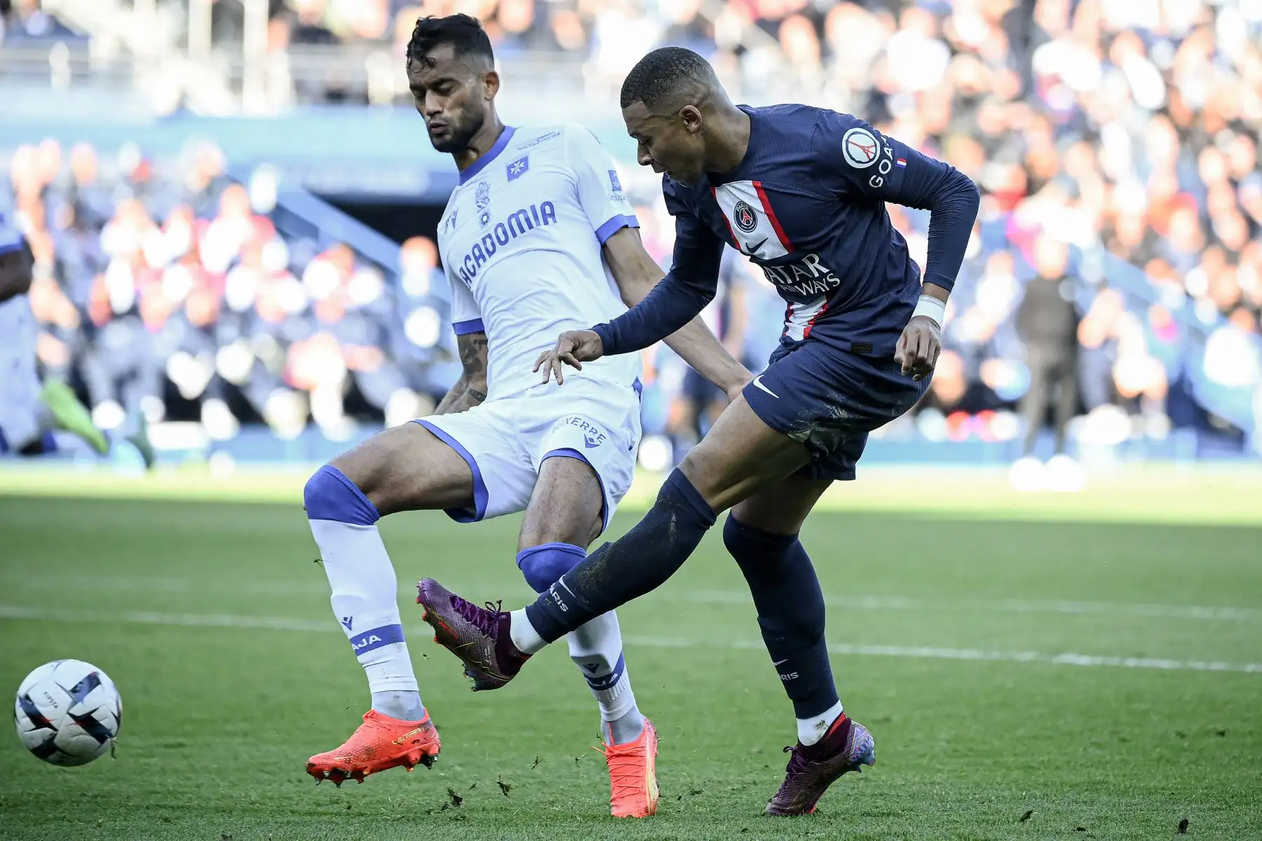 El defensor brasileño del Auxerre, Jubal (izquierda), lucha por el balón con el delantero francés del Paris Saint-Germain, Kylian Mbappe (derecha), durante el partido de fútbol de la L1 francesa entre el Paris Saint-Germain FC y el AJ Auxerre en el estadio Parc des Princes de París

Foto: AFP