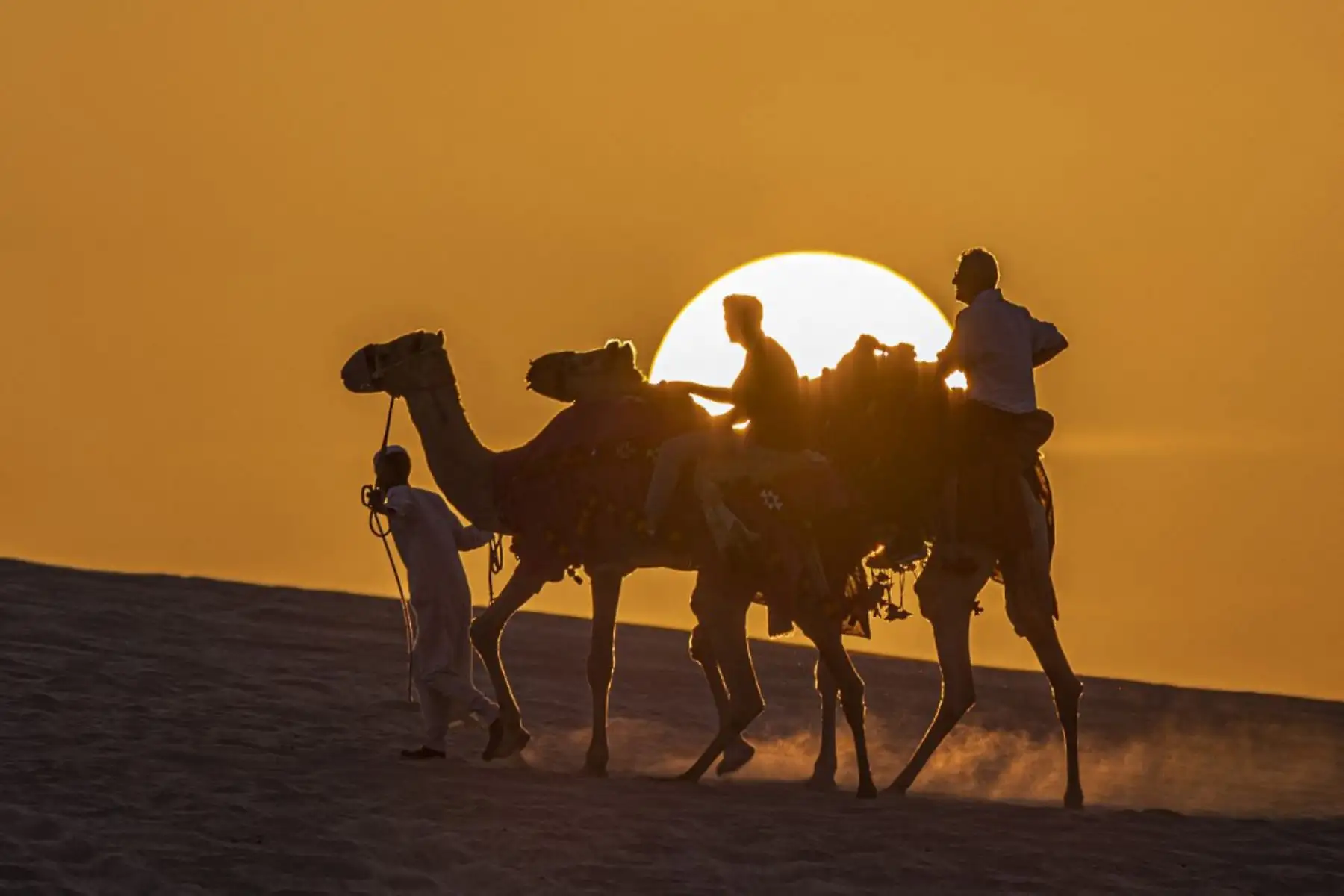La gente monta camellos en las dunas en el Sealine Beach Resort en Doha el 18 de noviembre de 2022, antes del torneo de fútbol de la Copa Mundial de Qatar 2022. Foto: AFP
