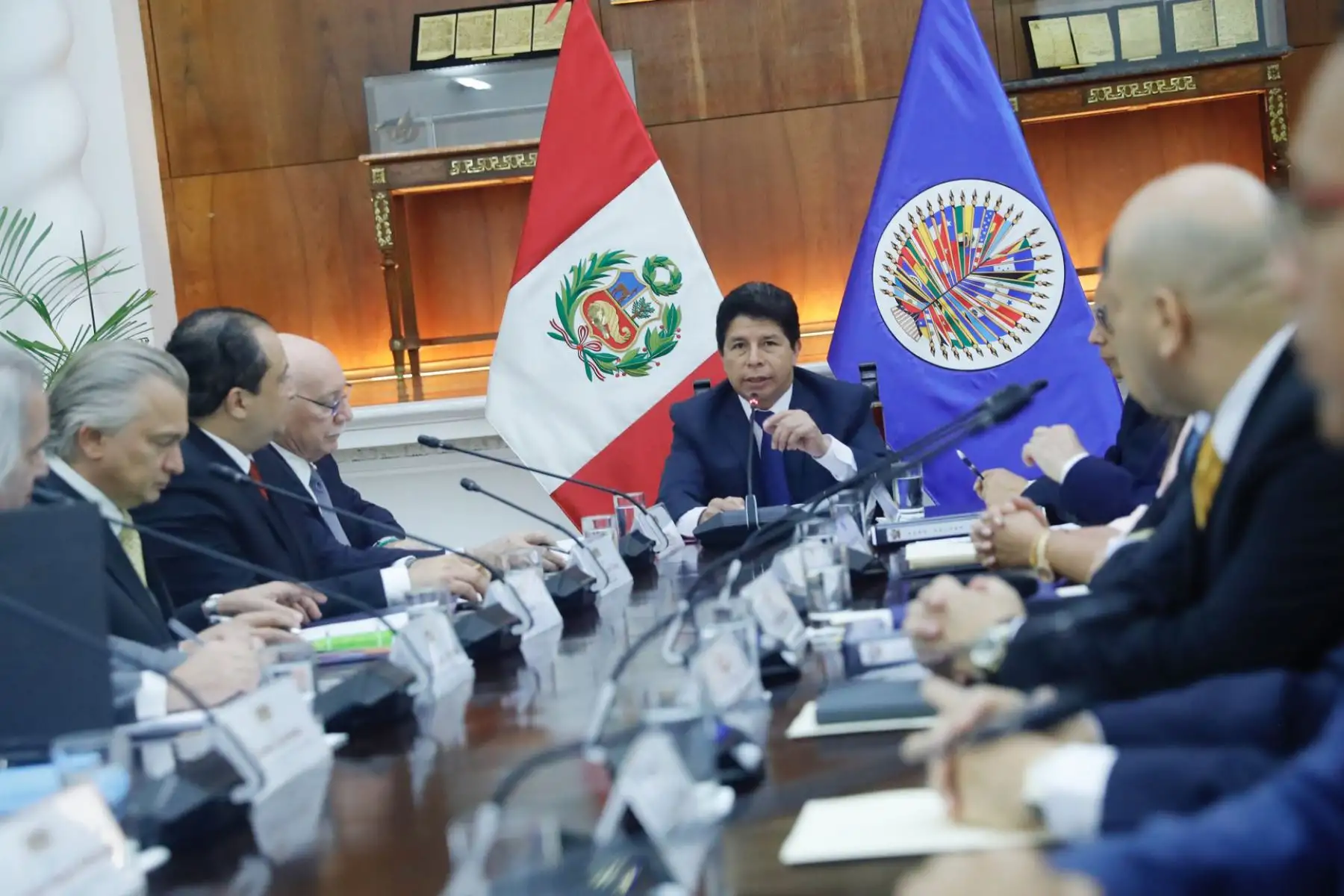 El presidente de la República, Pedro Castillo Terrones, recibe en audiencia a la misión de la Organización de los Estados Americanos (OEA), que ya se encuentra en el país. Foto: ANDINA/ Prensa Presidencia