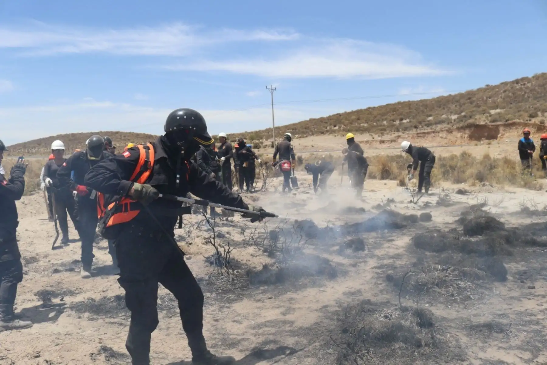 Los técnicos del Serfor realizaron la parte práctica en el área de pastos y arbustos naturales del distrito de Pocsi, donde apagaron amagos de incendio controlados.