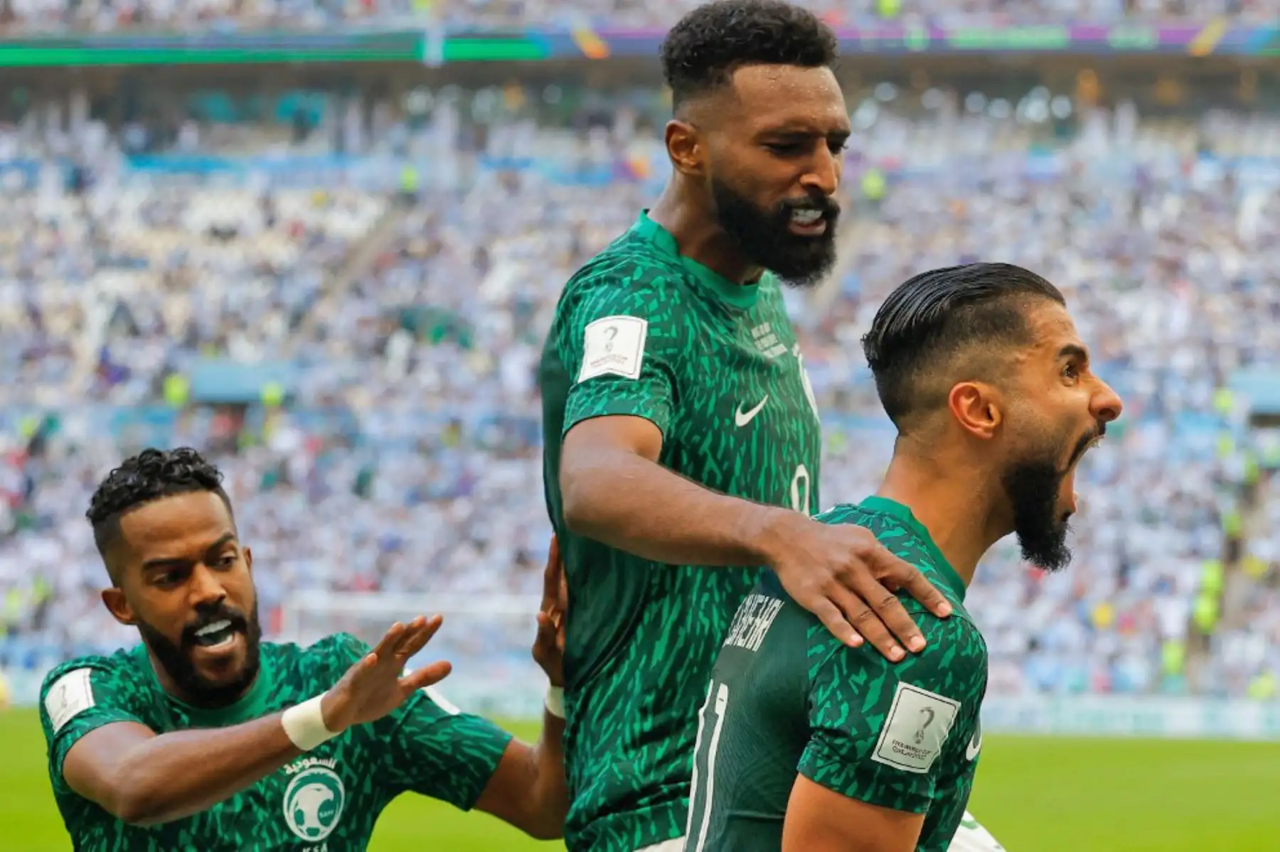 El delantero de Arabia Saudita, Saleh Al-Shehri, celebra después de anotar el primer gol de su equipo durante el partido de fútbol del Grupo C de la Copa Mundial de Catar 2022 entre Argentina y Arabia Saudita en el Estadio Lusail en Lusail, al norte de Doha. Foto: AFP