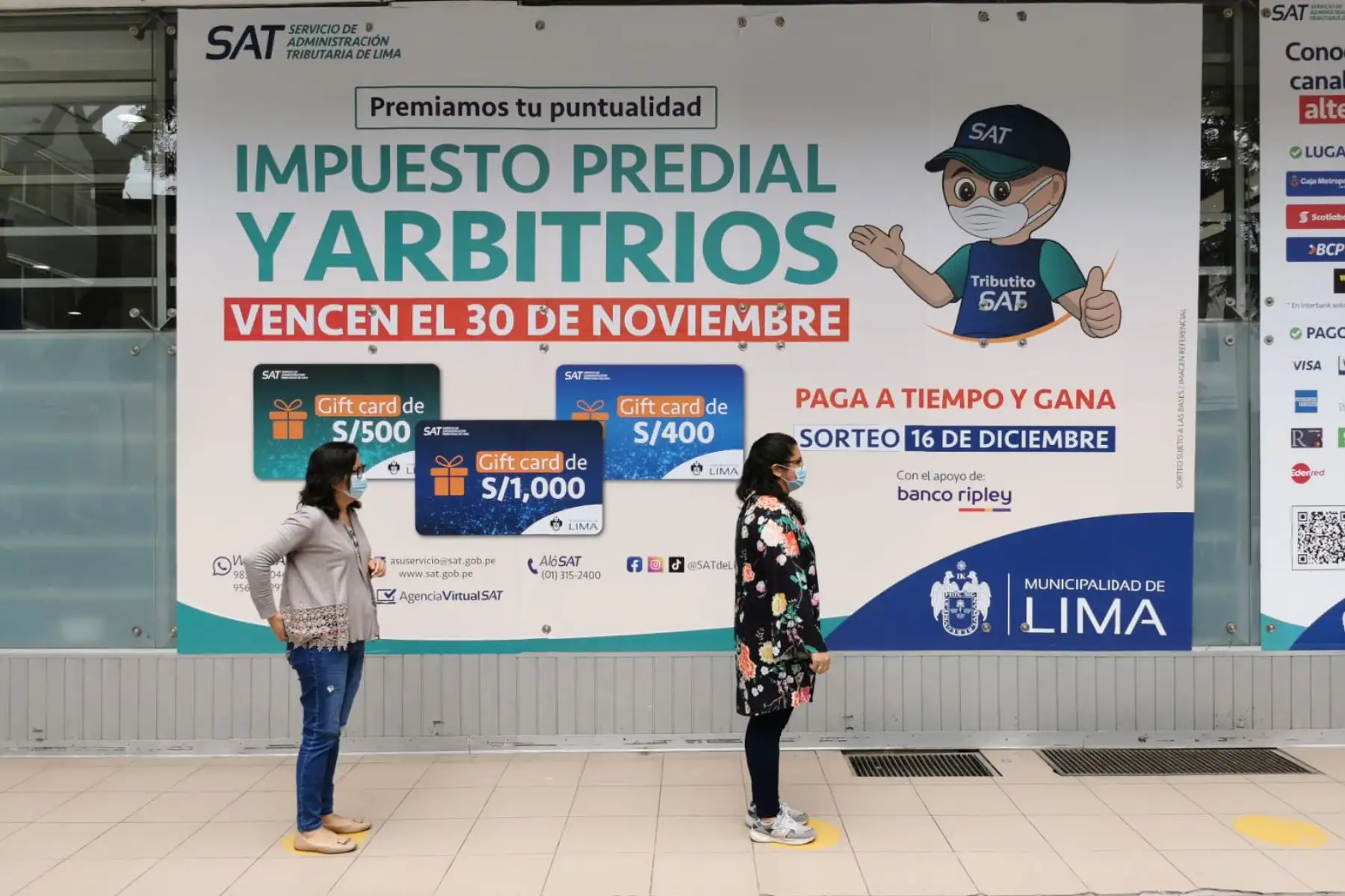 El SAT informó que ofrecerá 5 gift cards de S/1,000, 7 de S/500 y 1 más de S/400 a los vecinos registrados como propietarios de inmuebles ubicados en el Cercado de Lima, siempre que cumplan oportunamente con sus obligaciones tributarias. ANDINA/ SAT Lima