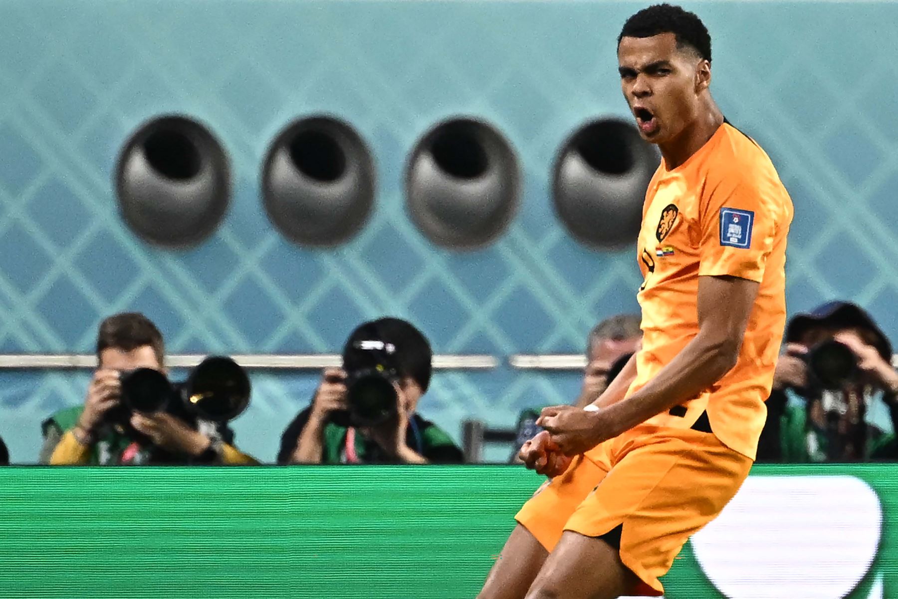 Cody Gakpo de Países Bajos celebra su gol contra Ecuador, en un partido de la fase de grupos del Mundial de Fútbol Catar 2022 entre Países Bajos y Ecuador en el estadio Internacional Jalifa en Doha. Foto: AFP