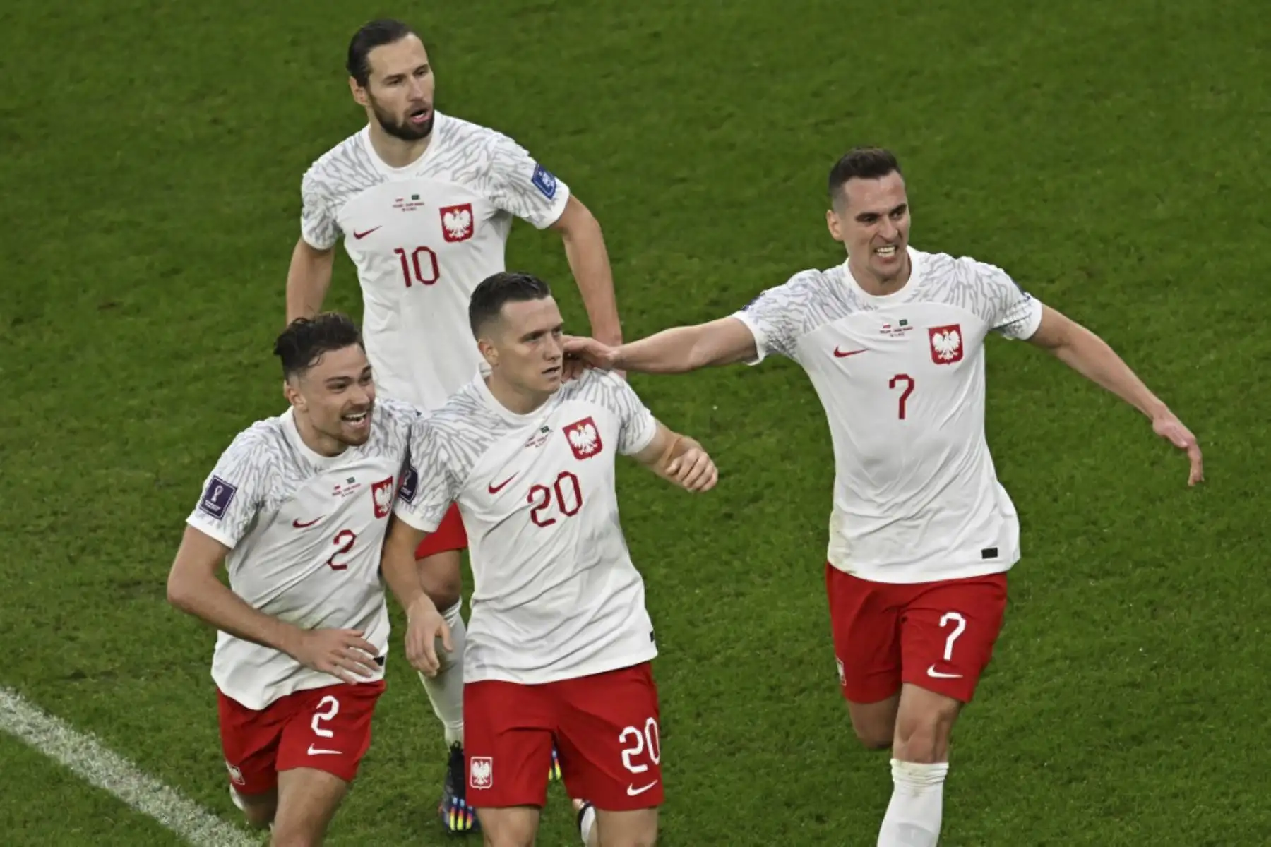 El mediocampista polaco #20 Piotr Zielinski (C) celebra con sus compañeros de equipo después de anotar el primer gol de su equipo durante el partido de fútbol del Grupo C de la Copa Mundial de Catar 2022 entre Polonia y Arabia Saudita en el Education City Stadium en Al-Rayyan, al oeste de Doha

Foto:AFP