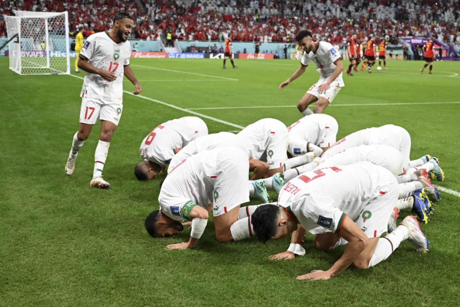 Los jugadores de Marruecos celebran después de que el mediocampista marroquí #11 Abdelhamid Sabiri anotó el primer gol de su equipo durante el partido de fútbol del Grupo F de la Copa Mundial de Catar 2022 entre Bélgica y Marruecos en el Estadio Al-Thumama en Doha

Foto:AFP
