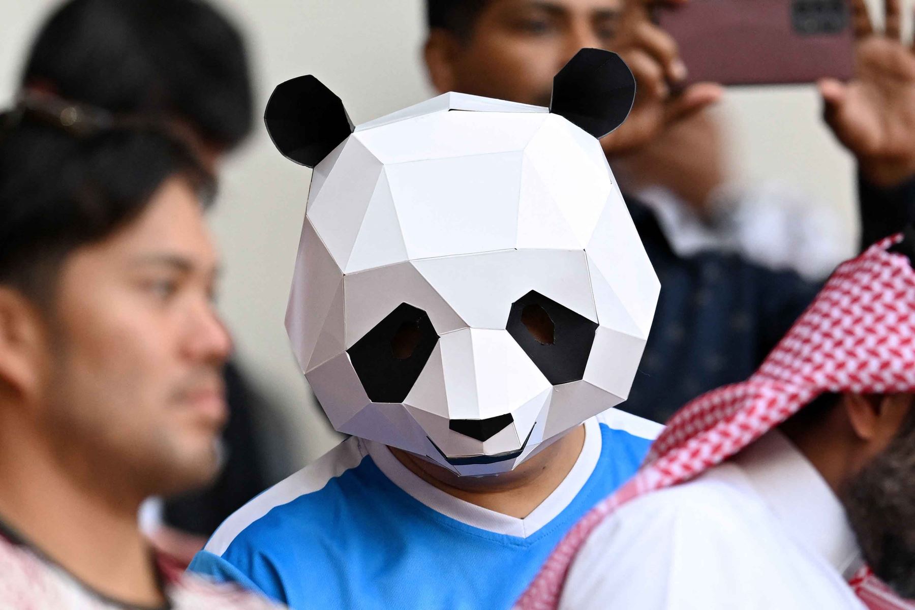 Un aficionado con una máscara de panda asiste al partido de fútbol del Grupo E de la Copa Mundial Catar 2022. Foto: AFP