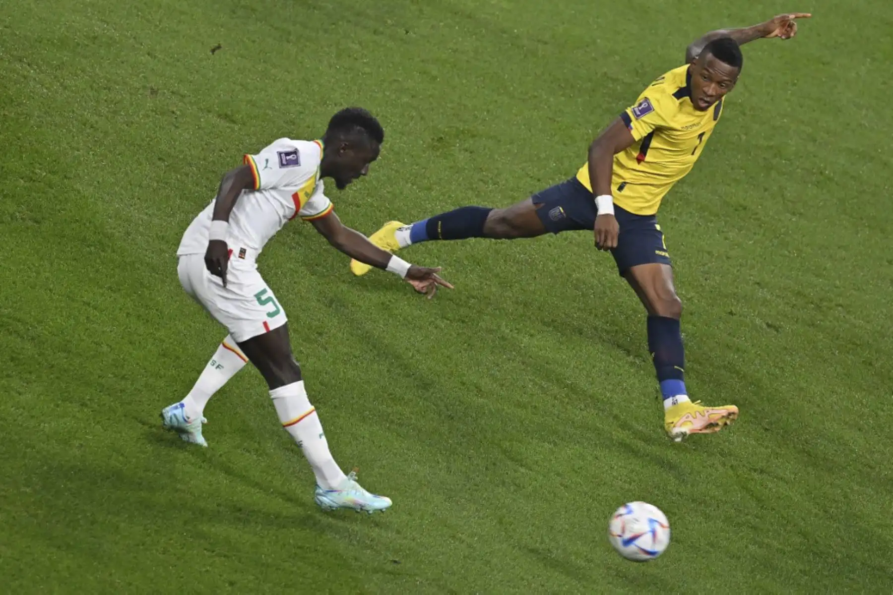 El mediocampista de Senegal #05 Idrissa Gana Gueye hace un tiro al arco mientras el defensor de Ecuador #07 Pervis Estupinan observa durante el partido de fútbol del Grupo A de la Copa Mundial de Catar 2022 entre Ecuador y Senegal en el Estadio Internacional Khalifa en Doha

Foto: AFP