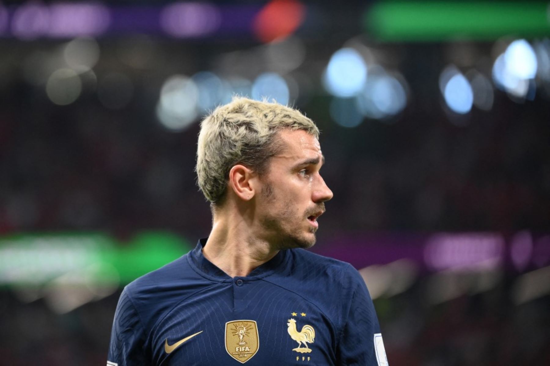 El delantero francés  Antoine Griezmann,  reacciona durante el partido de fútbol del Grupo D de la Copa Mundial Catar 2022 entre Túnez y Francia. Foto: AFP