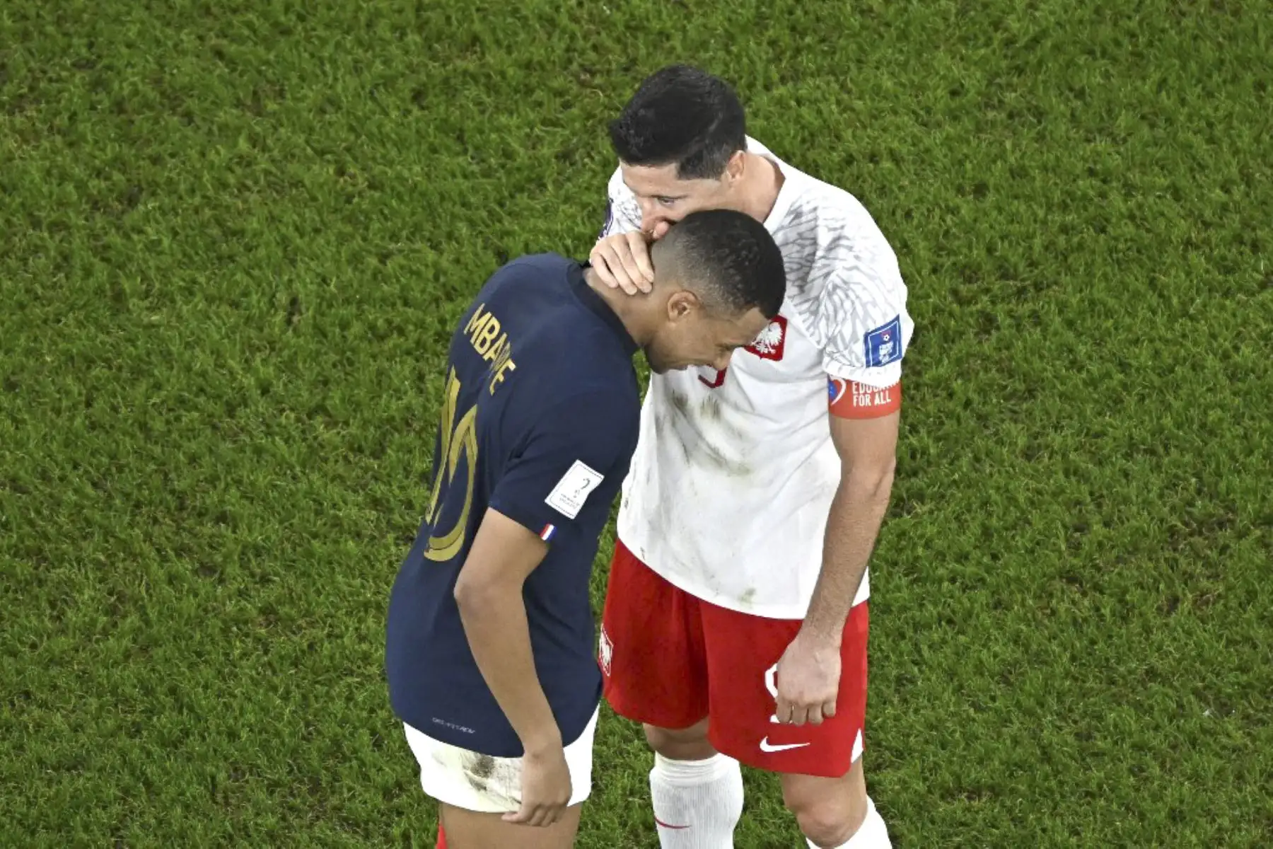 El delantero polaco #09 Robert Lewandowski saluda al delantero francés #10 Kylian Mbappe al final del partido de fútbol de octavos de final de la Copa Mundial de Catar 2022 entre Francia y Polonia en el estadio Al-Thumama en Doha

Foto: AFP