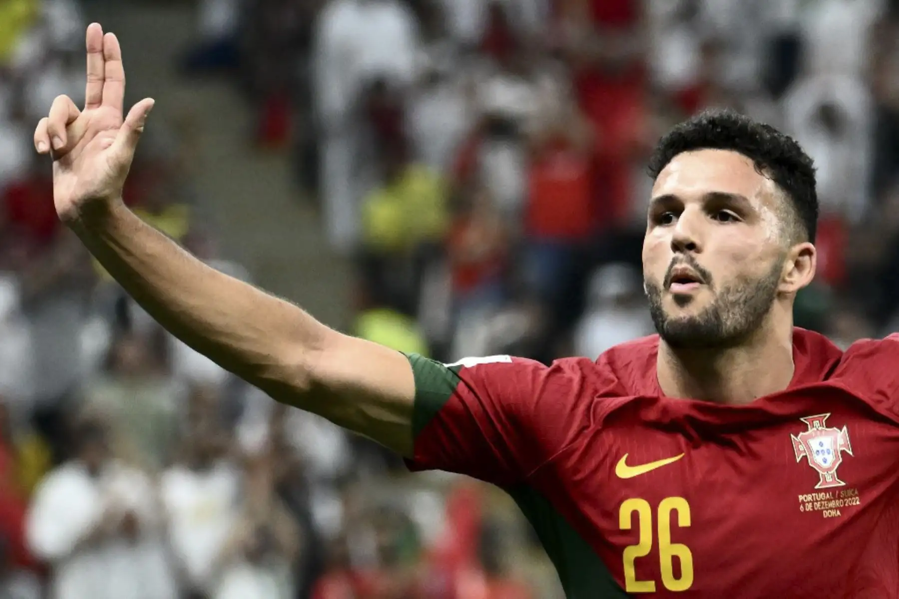 El delantero portugués #26 Gonzalo Ramos celebra luego de anotar durante el partido de octavos de final de la Copa Mundial Catar 2022 entre Portugal y Suiza en el Lusail Stadium en Lusail, al norte de Doha

Foto: AFP