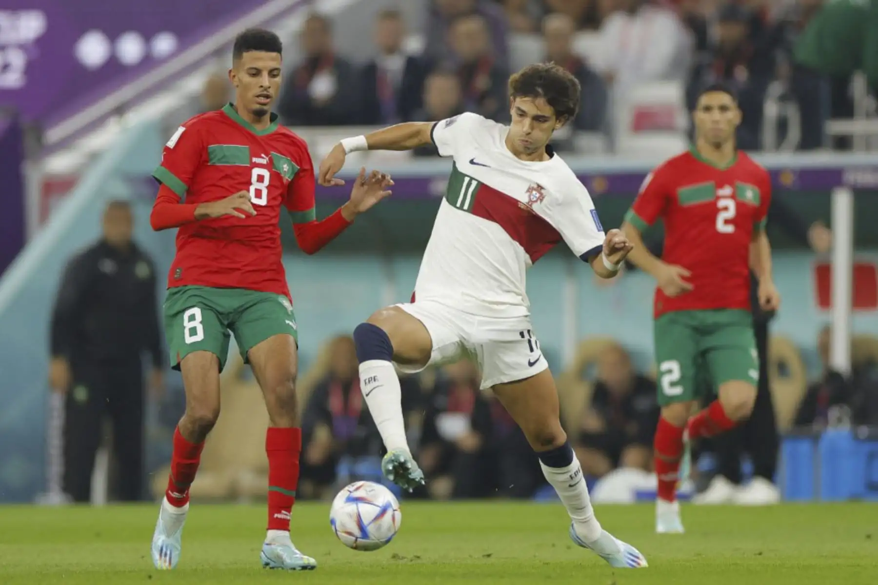 El delantero portugués #11 Joao Félix (C) lucha por el balón con el centrocampista marroquí #08 Azzedine Ounahi durante el partido de cuartos de final de la Copa del Mundo Catar 2022 entre Marruecos y Portugal en el Estadio Al-Thumama en Doha
Foto: AFP