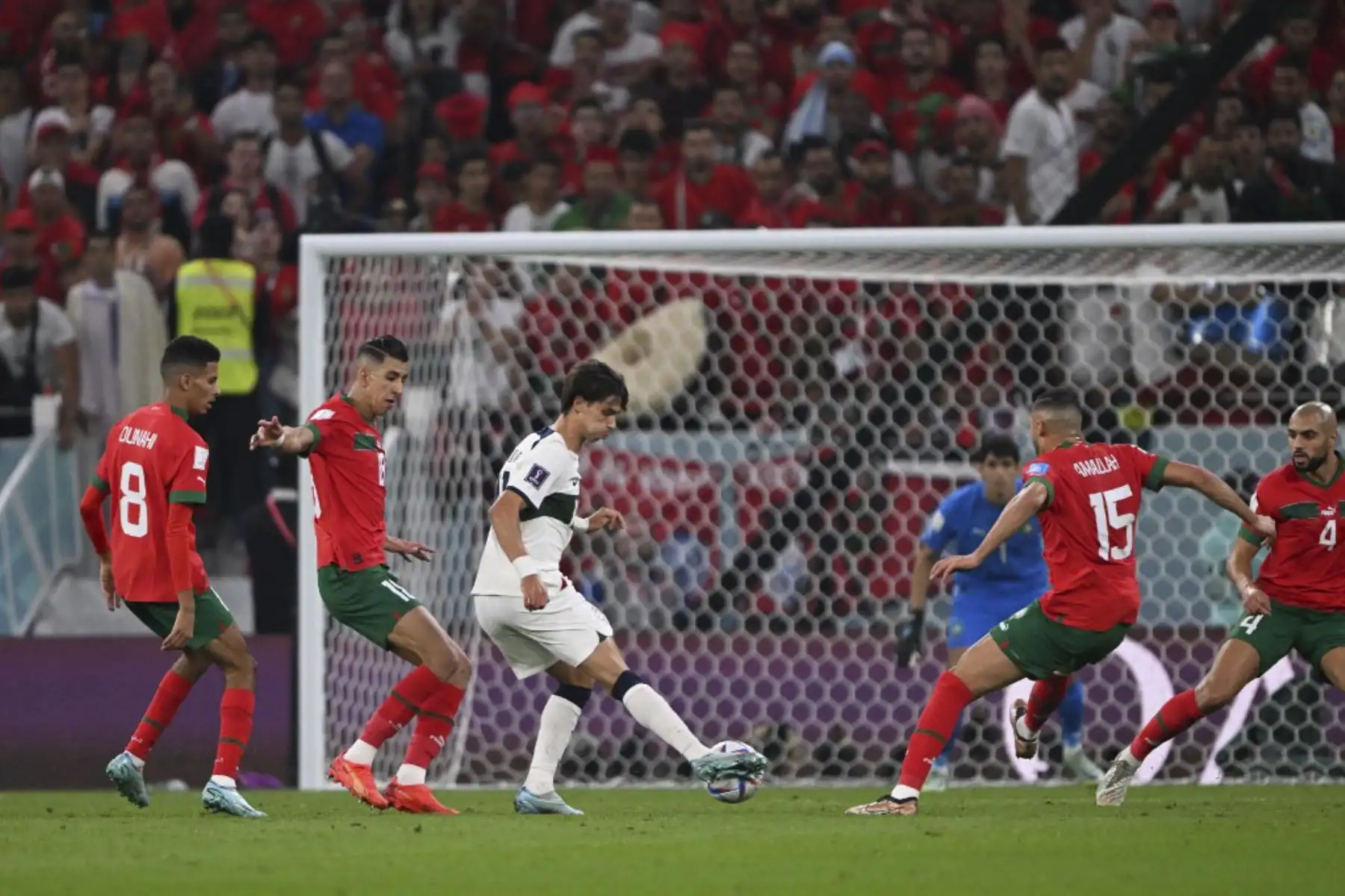 El delantero portugués #11 Joao Félix (centro) intenta anotar durante el partido de fútbol de cuartos de final de la Copa Mundial Catar 2022 entre Marruecos y Portugal en el estadio Al-Thumama en Doha

Foto: AFP