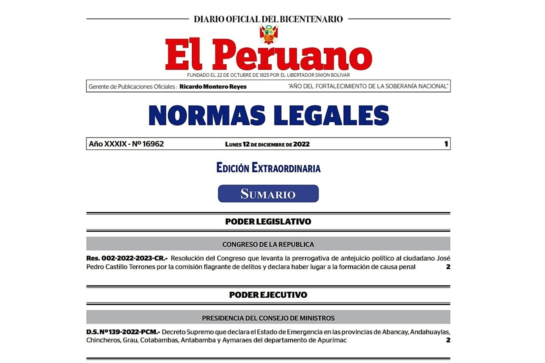 Edición extraordinaria del Diario Oficial El Peruano.
