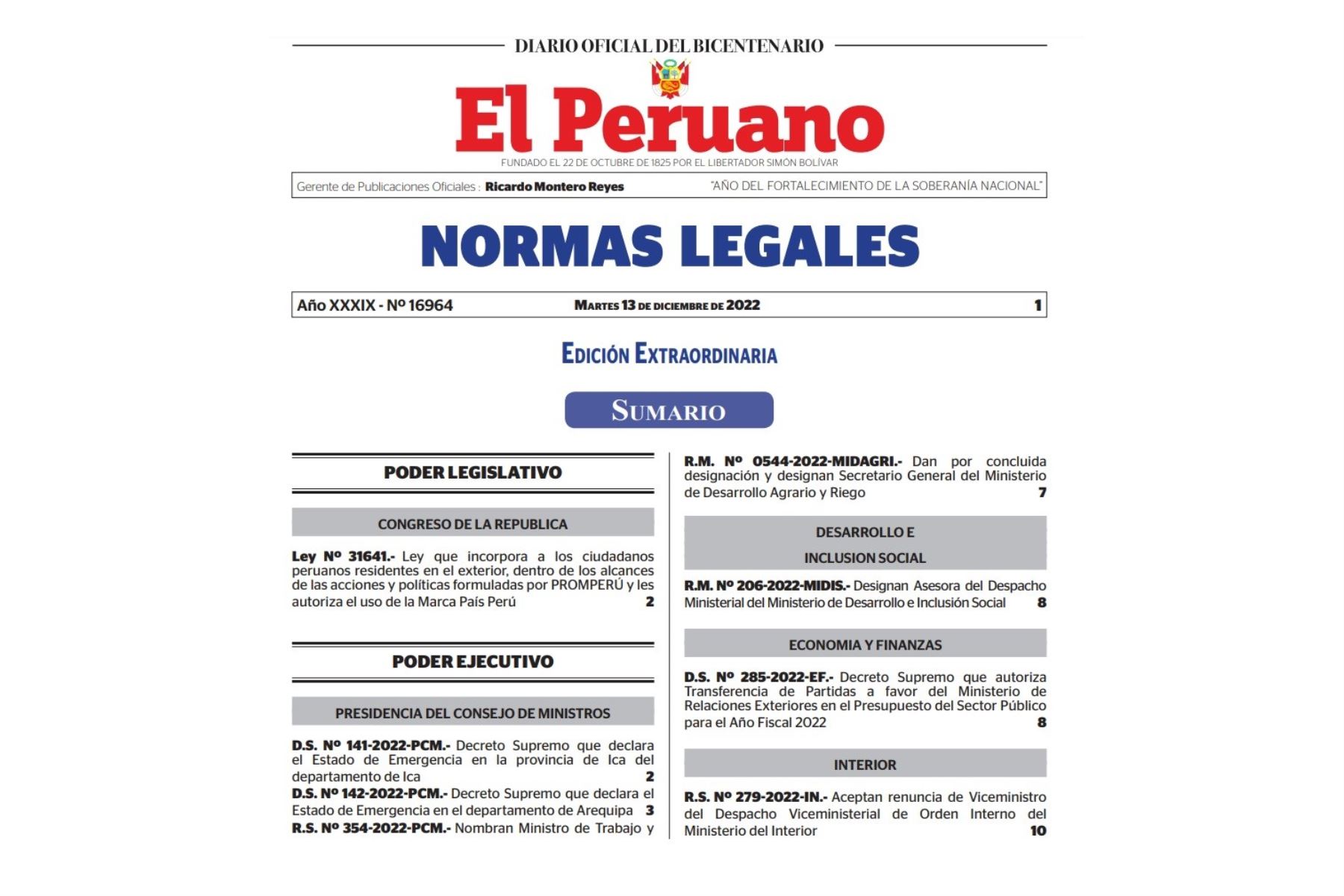Edición extraordinaria del Diario Oficial El Peruano.