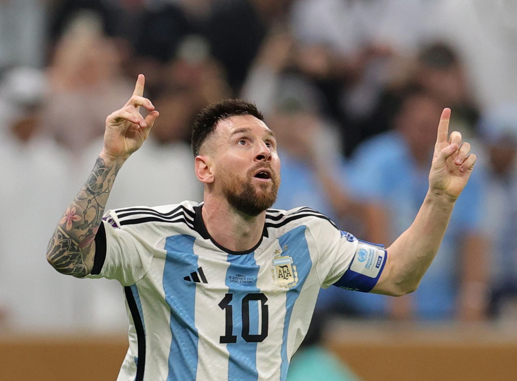 Lionel Messi de Argentina celebra al anotar el gol de la ventaja goleadora durante la final de la Copa Mundial de la FIFA 2022 entre Argentina y Francia en el estadio Lusail, Lusail, Qatar, el 18 de diciembre de 2022.
Foto: EFE