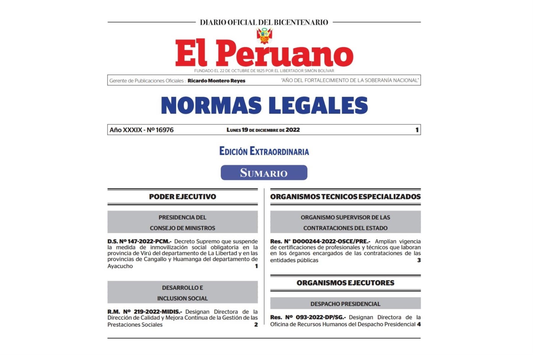 Edición extraordinaria del Diario Oficial El Peruano. Foto: ANDINA