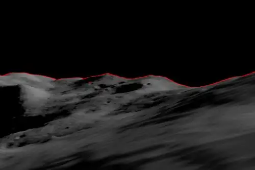 La colección de crestas, cráteres y rocas que forman un horizonte lunar puede ser utilizada por una inteligencia artificial para ubicar con precisión a un viajero lunar. Un sistema desarrollado por el ingeniero de investigación Alvin Yew proporcionaría un servicio de ubicación de respaldo para futuros exploradores, robóticos o humanos. Foto: NASA/MoonTrek/Alvin Yew.