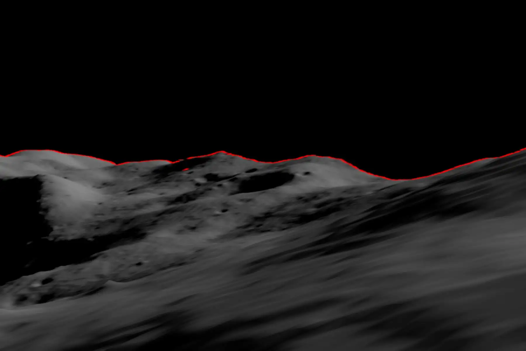 La colección de crestas, cráteres y rocas que forman un horizonte lunar puede ser utilizada por una inteligencia artificial para ubicar con precisión a un viajero lunar. Un sistema desarrollado por el ingeniero de investigación Alvin Yew proporcionaría un servicio de ubicación de respaldo para futuros exploradores, robóticos o humanos. Foto: NASA/MoonTrek/Alvin Yew.