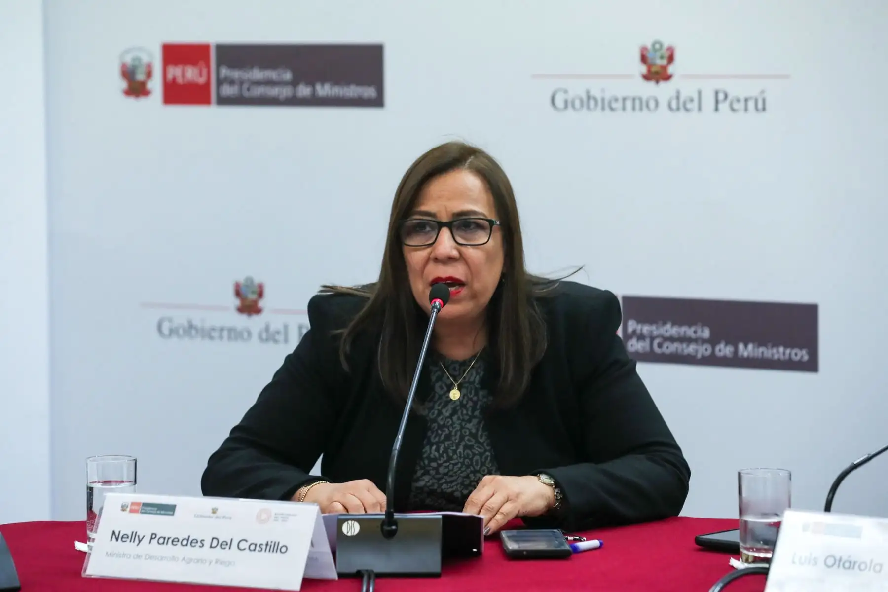 Intervención de l ministra de desarrollo agrario y riego, Nelly Paredes del Castillo, durante la Primera conferencia de prensa que brinda el presidente del Consejo de Ministros, Alberto Otárola, en la sala del Acuerdo Nacional de la PCM.
Foto: ANDINA/PCM