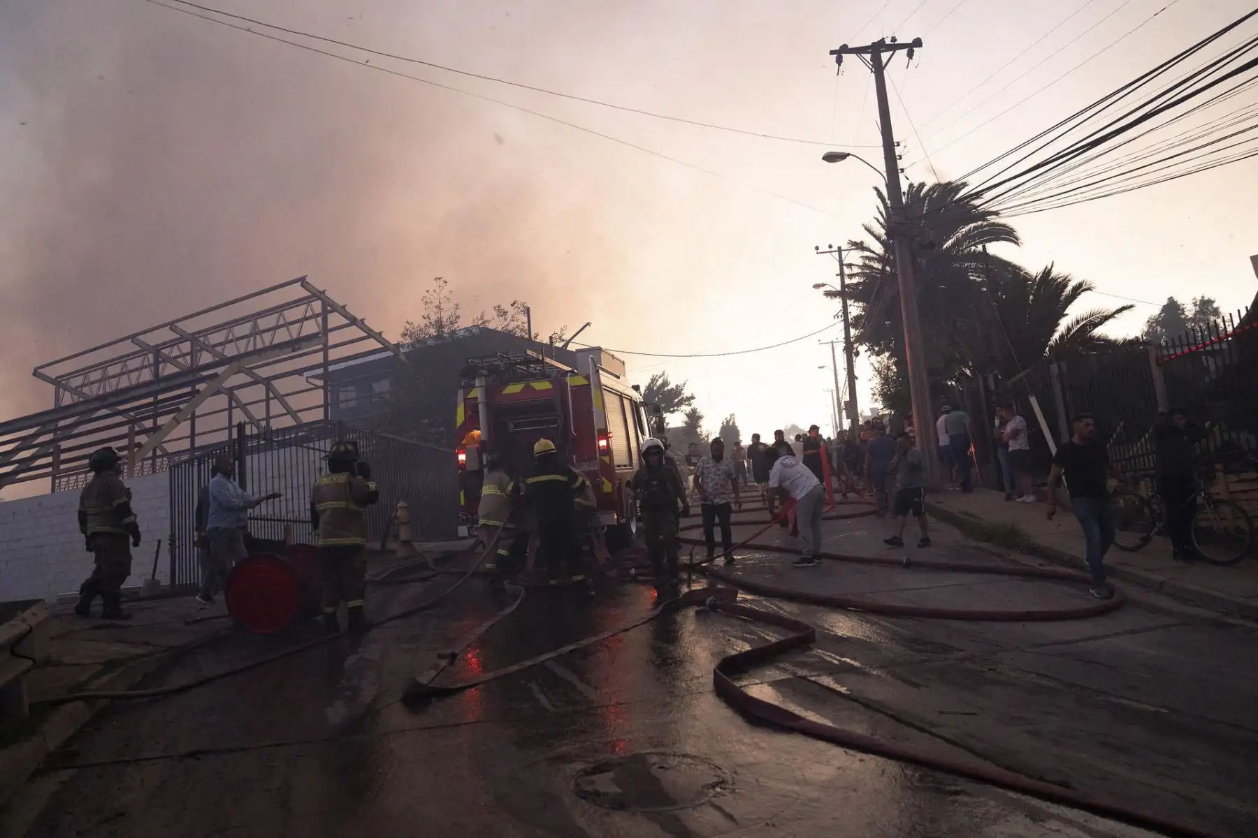 Bomberos trabajan en contener el incendio registrado hoy, en el cerro Forestal de Viña del Mar, Chile. 
Foto: EFE