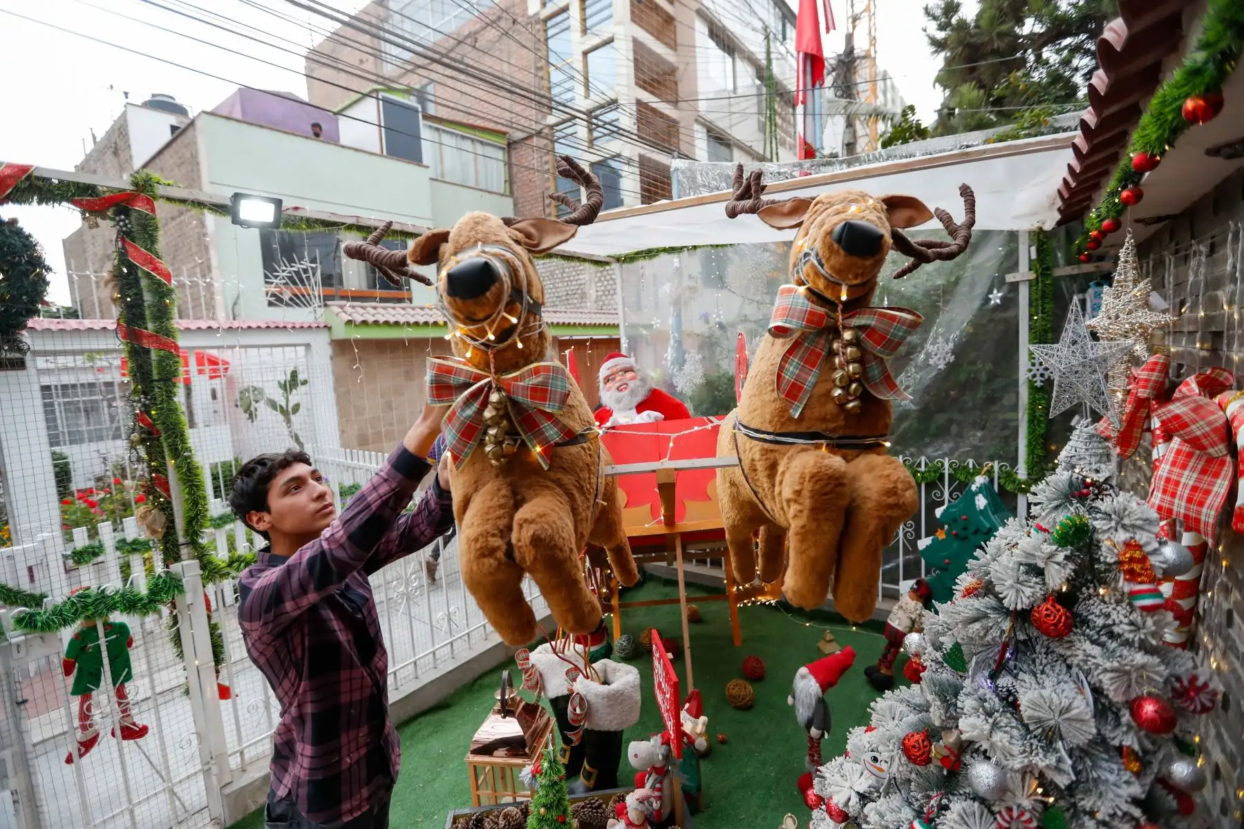 Cada año los vecinos del pasaje Andrés Razuri, ubicado en la urbanización Retablo, decoran los exteriores de sus viviendas con coloridas luces, distintos tipos de nacimientos, y hasta trineos,  haciendo de esta tradición un atractivo navideño bastante emotivo. Foto: ANDINA/Carla Patiño