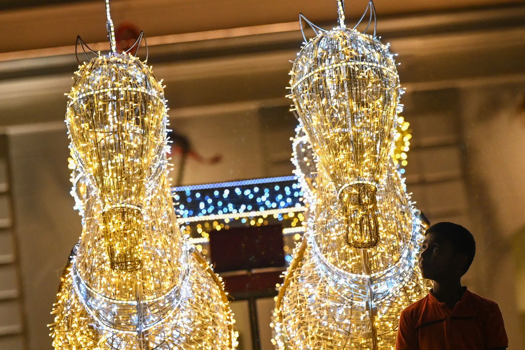 La gente camina por una calle iluminada en la víspera de Navidad, en Colombo. Foto: AFP