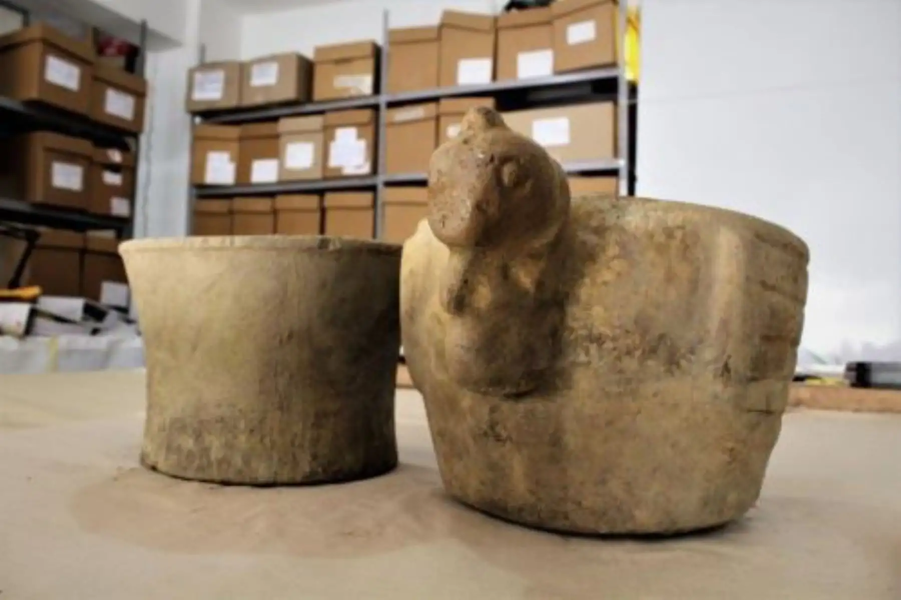 En el interior de la citada galería se halló un cuenco escultórico de piedra ceremonial, en cuya parte superior tiene en tallado tridimensional la cabeza de un cóndor, en los lados tiene grabado sus alas y en el lado opuesto de la cabeza tiene grabada la cola del ave. También se encontró otro cuenco o vasija de piedra, más sencillo, con el borde refinado. Ambas piezas son de 30 centímetros de diámetro por 25 centímetros de altura. La vasija del cóndor pesa 17 kilos.

Foto: Difusión