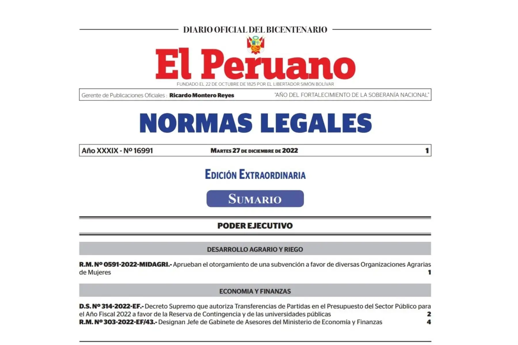 Edición extraordinaria del Diario Oficial El Peruano.