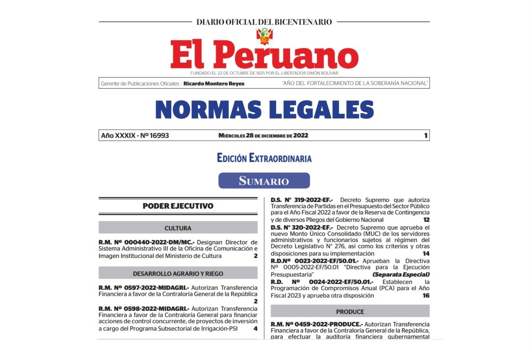 Edición extraordinaria del Diario Oficial El Peruano.