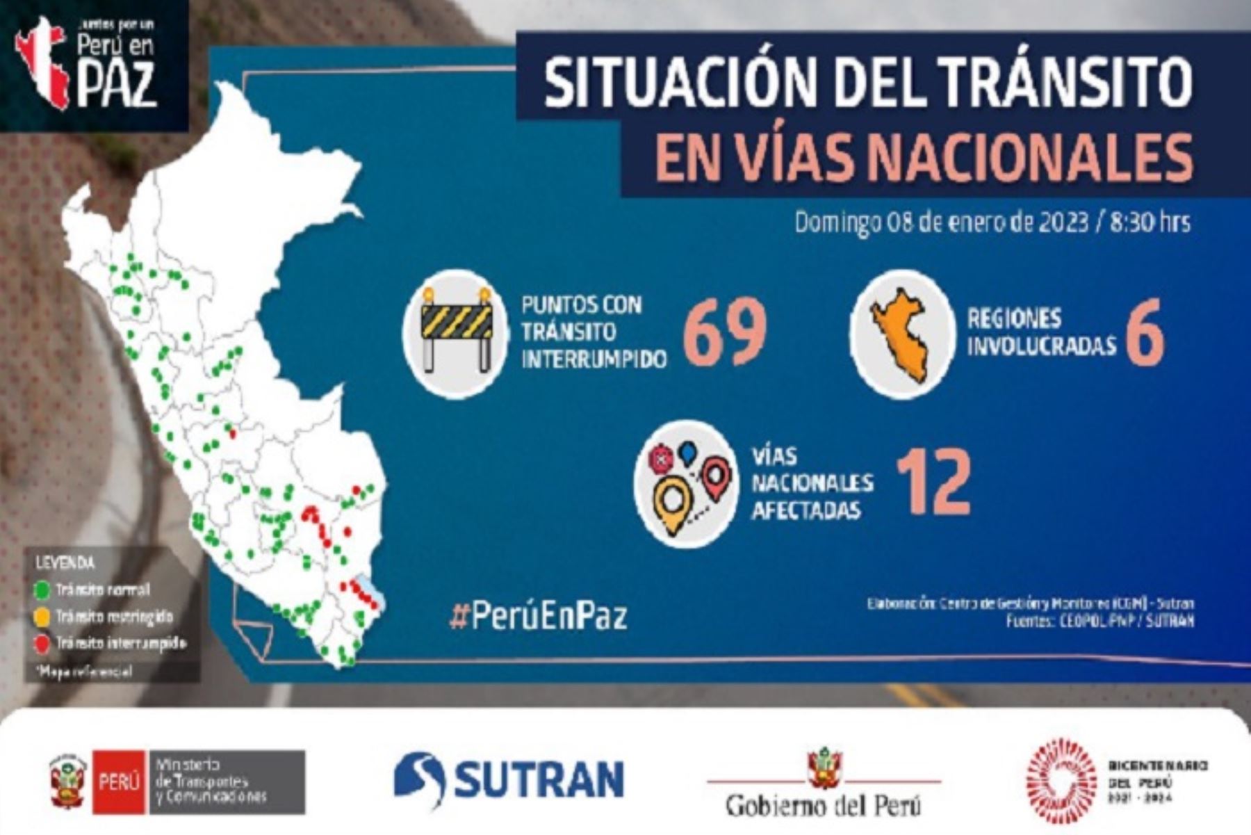 Las regiones con puntos viales bloqueados son: Apurímac, Cusco, Puno, Madre de Dios, Ica y Amazonas.