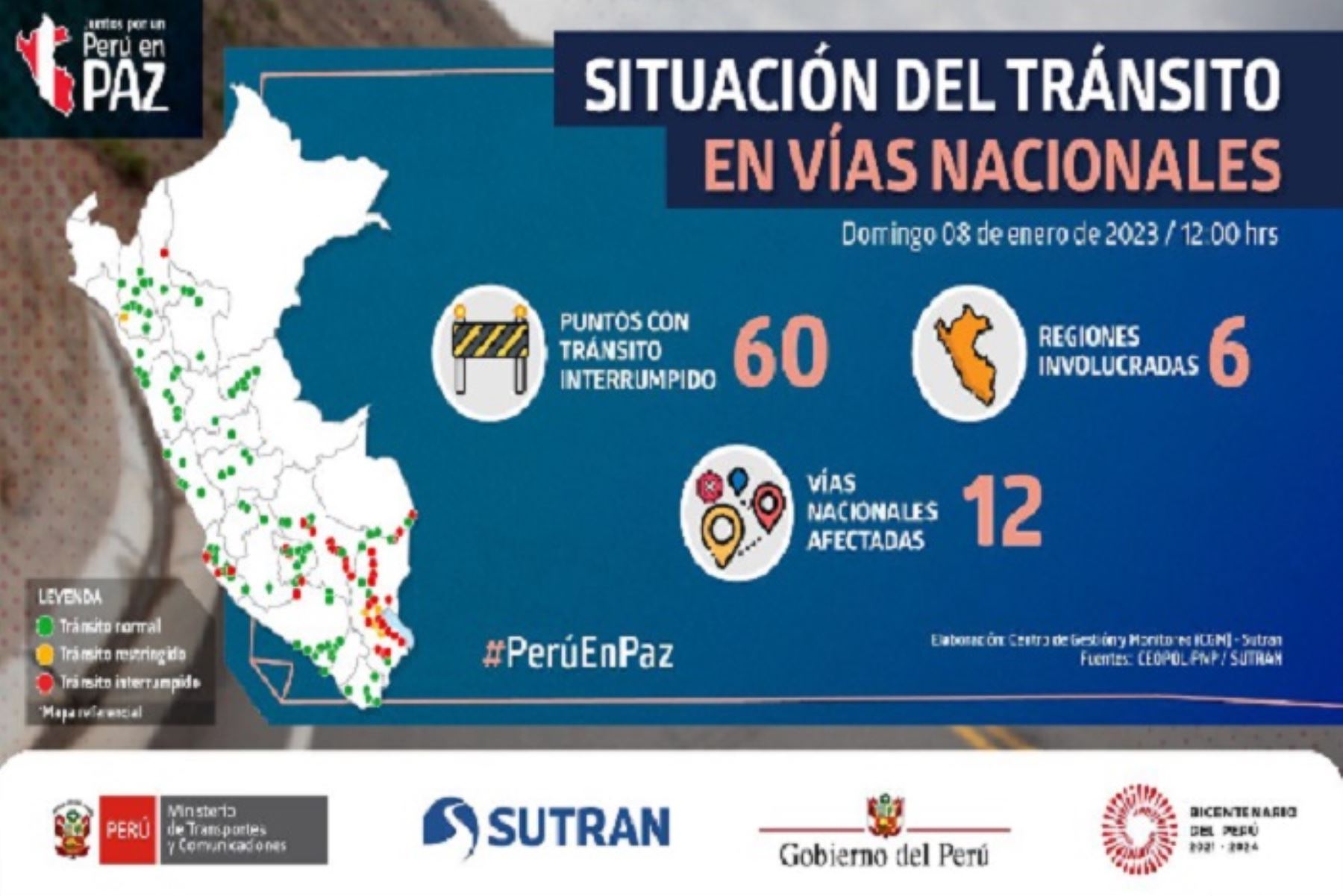 De acuerdo con el reporte del Mapa Interactivo de la Sutran, se mantienen en 12 las vías nacionales afectadas.