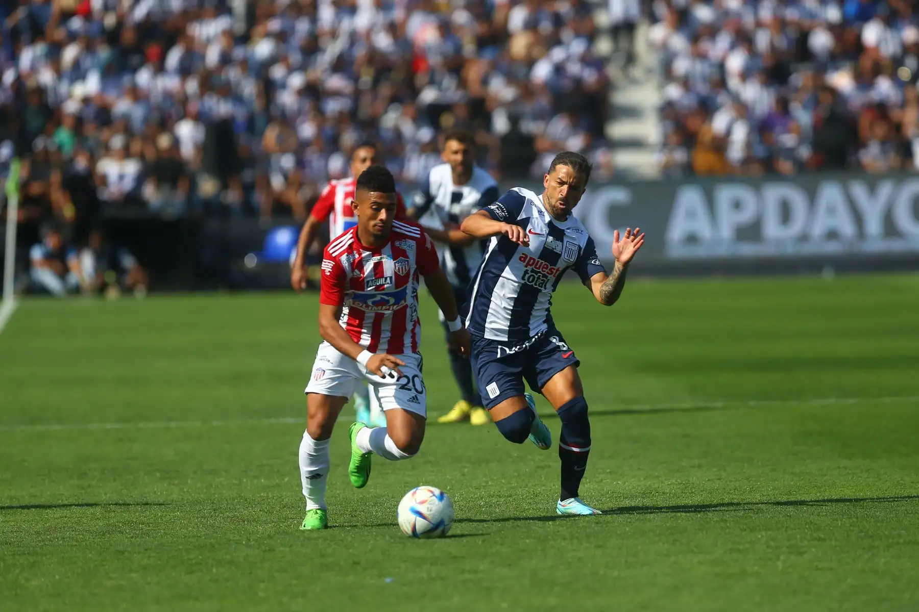 Futbolista Gabriel Costa de Alianza Lima en el marco de la presentación del equipo en la tarde blanquiazul en el estadio de Matute es marcado por futbolista del Junior de Barranquilla, ganando 2-1 el equipo victoriano  
Foto: ANDINA/Ricardo Cuba