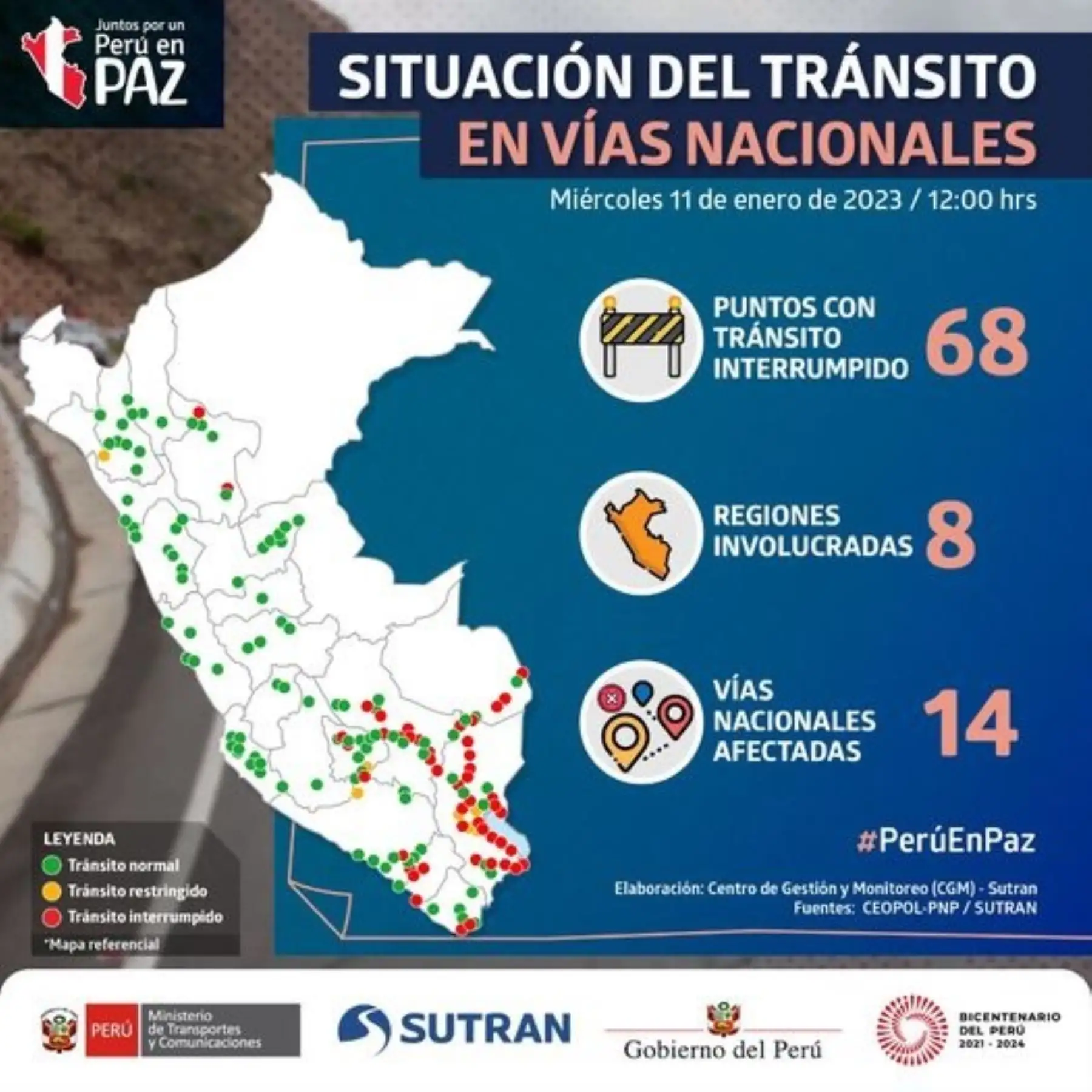 Sutran: vías con tránsito interrumpido suben a 68 y afectan a regiones.
