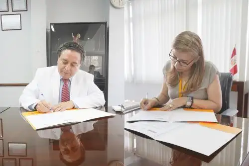 Jefe del INEN, Francisco Berrospi y la presidenta ejecutiva del OSCE, Ada, Basulto, firman acuerdo de intención de cooperación interinstitucional. Foto: Cortesía.