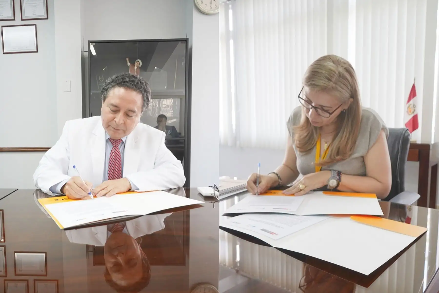 Jefe del INEN, Francisco Berrospi y la presidenta ejecutiva del OSCE, Ada, Basulto, firman acuerdo de intención de cooperación interinstitucional. Foto: Cortesía.