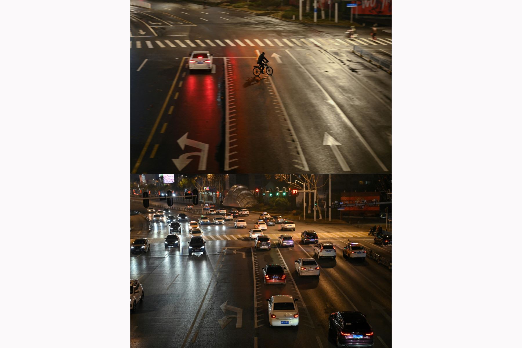 Combinación de imágenes muestra un archivo de una calle casi vacía en medio de un brote viral en Wuhan el 2020 y la misma calle llena de tráfico en Wuhan en enero de 2023. Foto: AFP