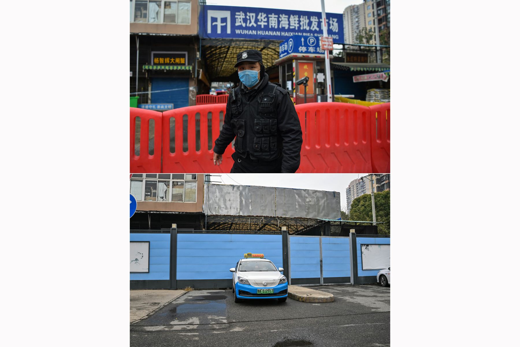 Combinación de imágenes muestra un oficial de policía haciendo guardia afuera del mercado mayorista de mariscos, donde se detectó el coronavirus en Wuhan el 24 de enero de 2020, y (abajo) el la misma vista del ahora cerrado Mercado Mayorista de Mariscos de Huanan en Wuhan en enero de 2023. Foto: AFP