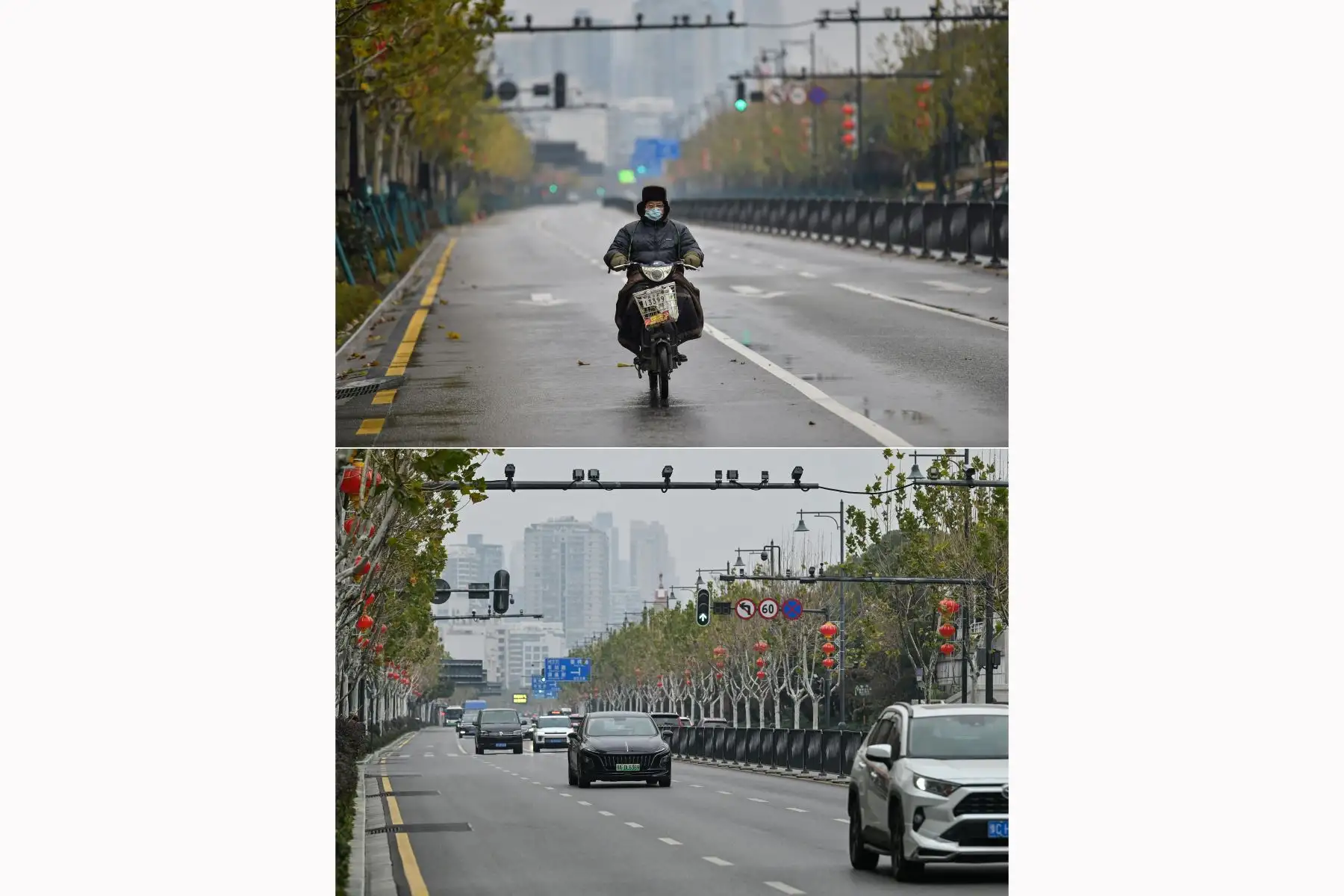 Esta combinación de imágenes muestra una foto de archivo de un hombre conduciendo una motocicleta en una calle vacía en Wuhan en  enero de 2020 y (abajo) la misma vista en Wuhan en enero del 2023. Foto: AFP
